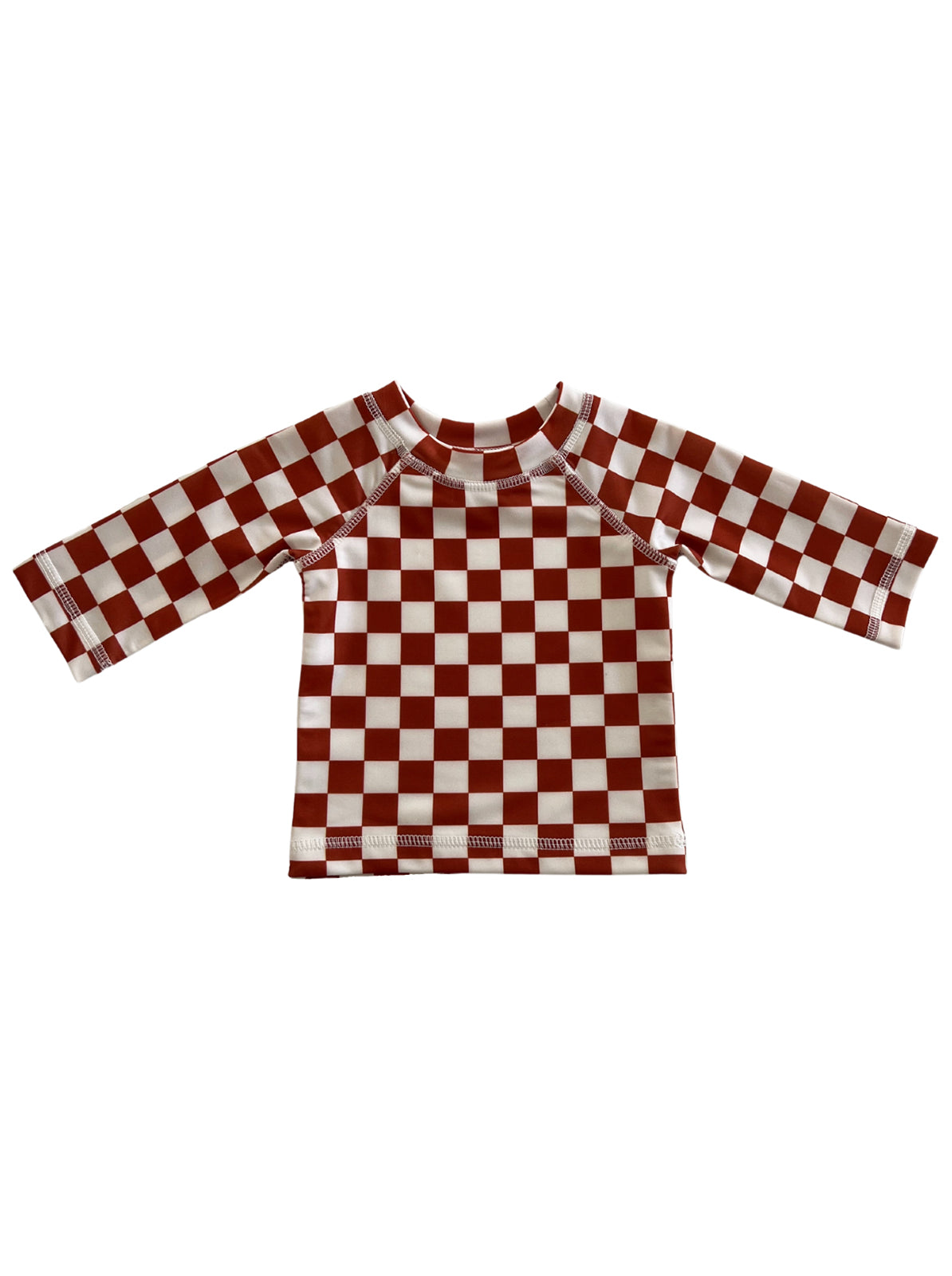 Red and white checkered long-sleeve swim shirt, suitable for sun protection and beach wear.