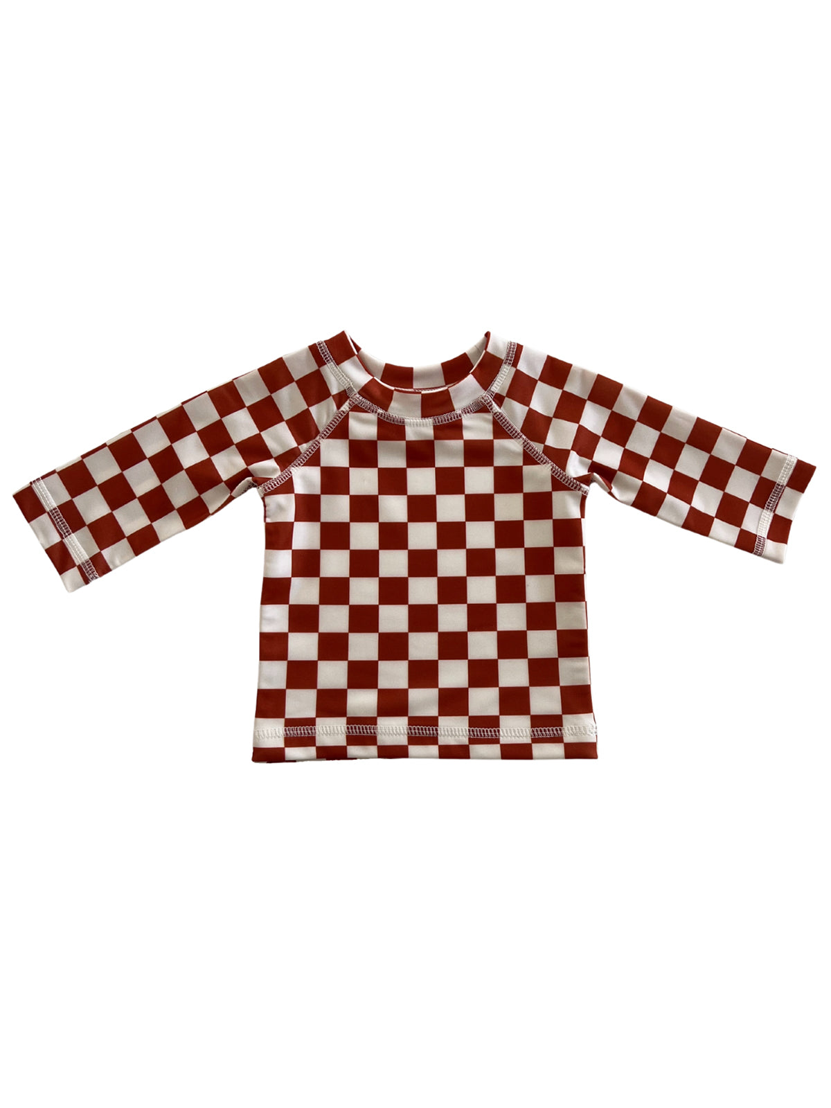 Red and white checkered long-sleeve swim shirt, suitable for sun protection and beach wear.