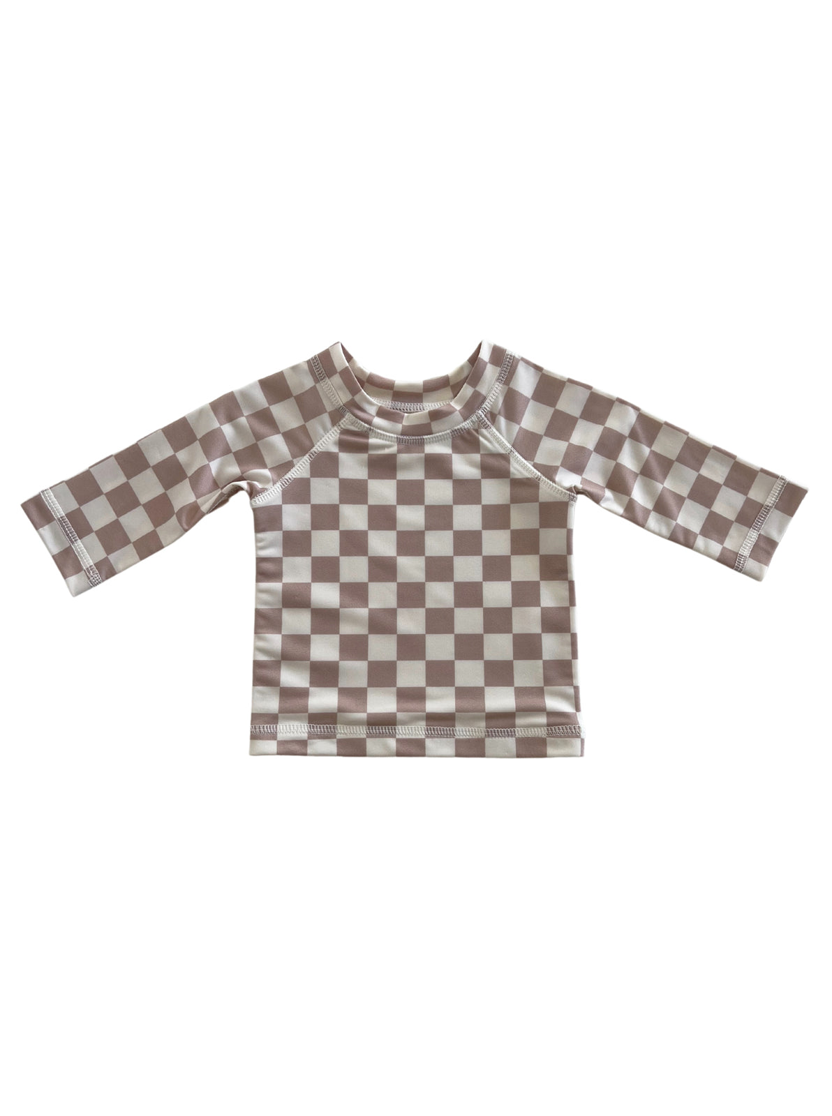 Brown and cream checkered long-sleeve children's swim shirt on a white background.