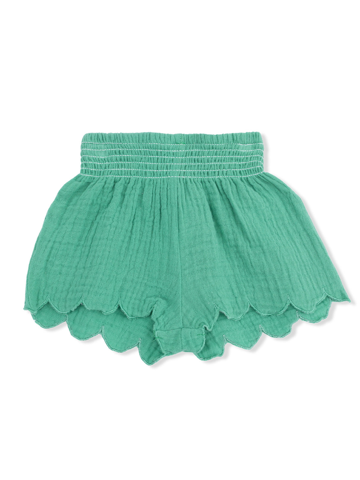 Turquoise shorts with a scalloped hem and smocked waist, perfect for casual summer wear.