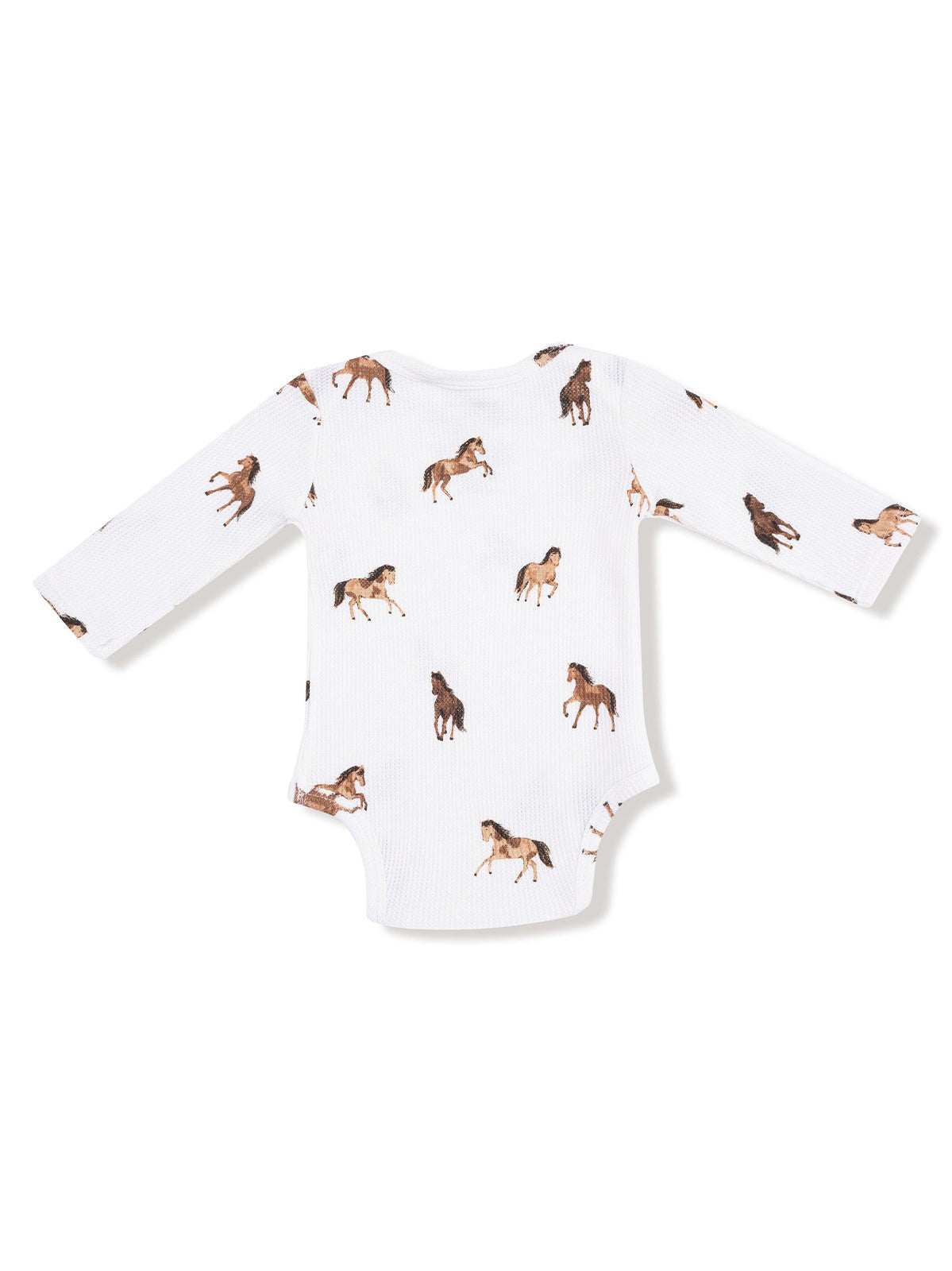 White baby onesie with long sleeves, featuring a playful horse pattern throughout.