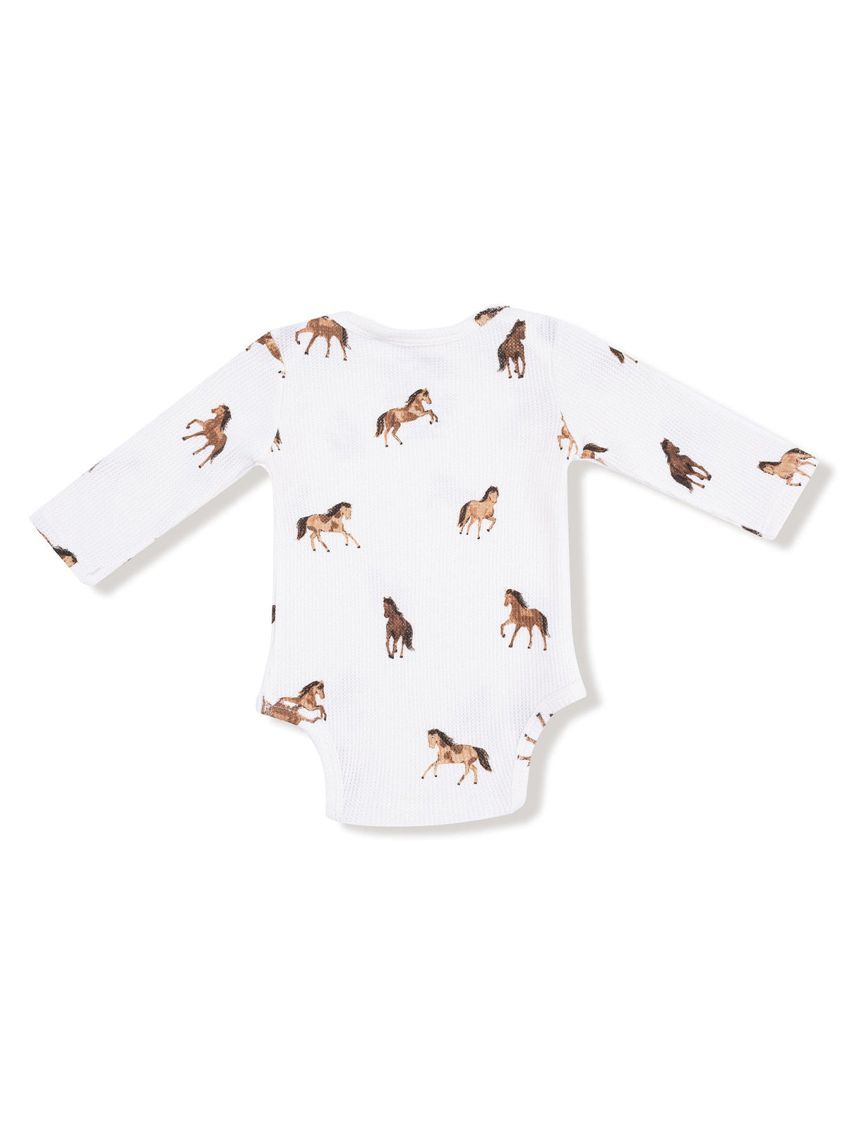 White baby onesie with long sleeves, featuring a playful horse pattern throughout.