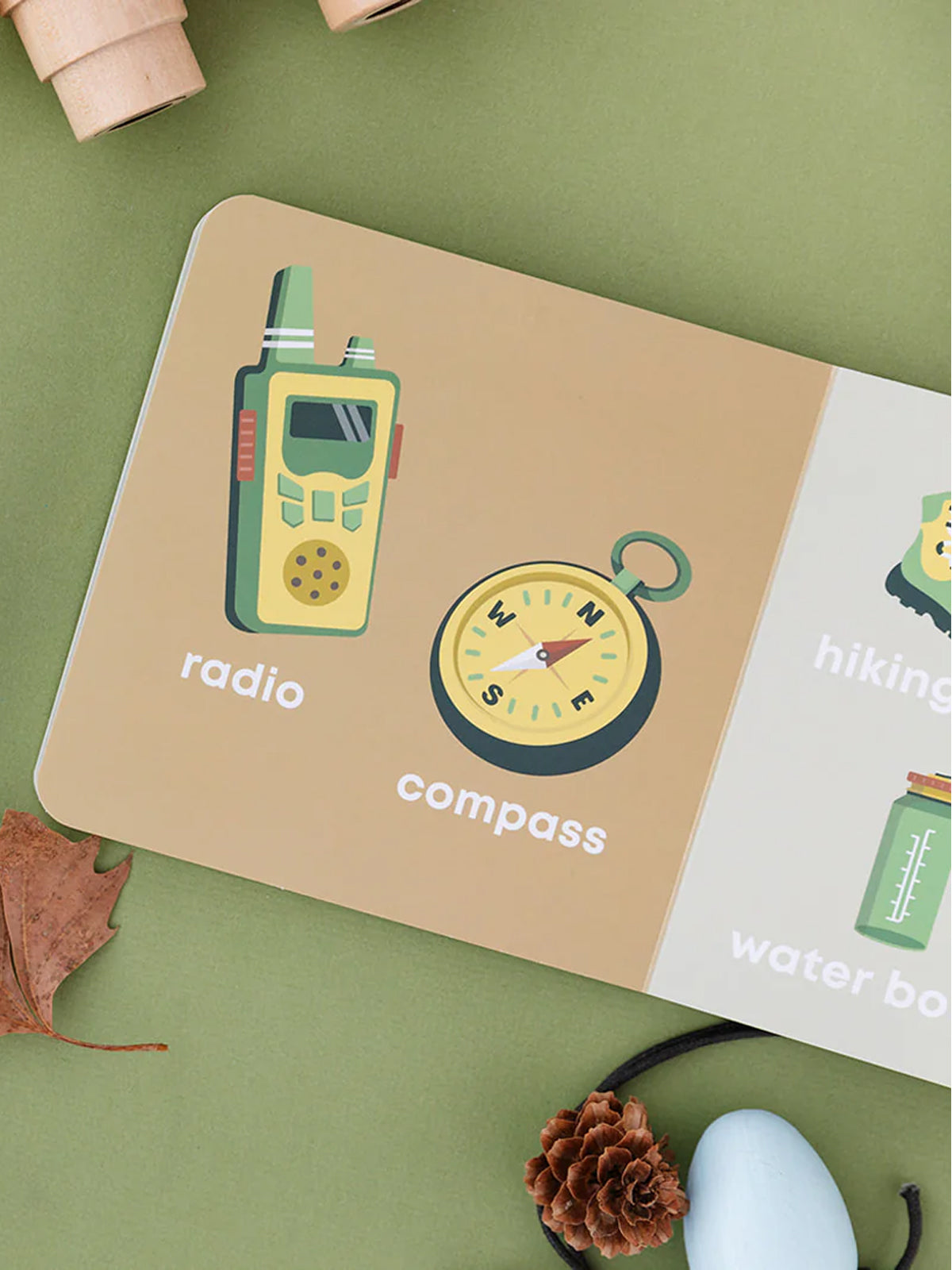 Illustration featuring a radio and compass with labeled text on a colorful background.