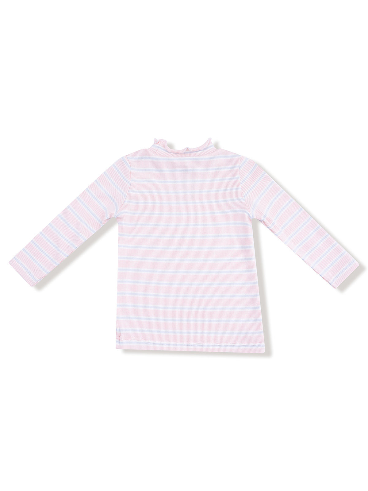 Back view of a long-sleeve, pink and blue striped shirt with a ruffled neckline.