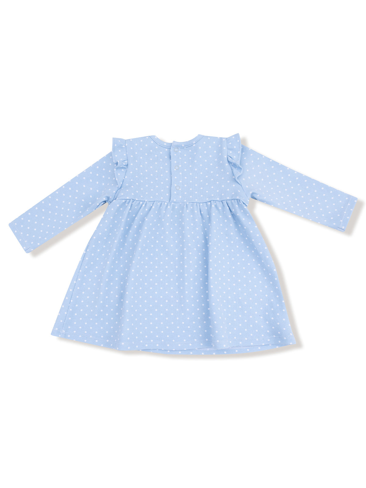 Light blue dress with long sleeves and white polka dots, featuring ruffled shoulders and a button closure at the back.
