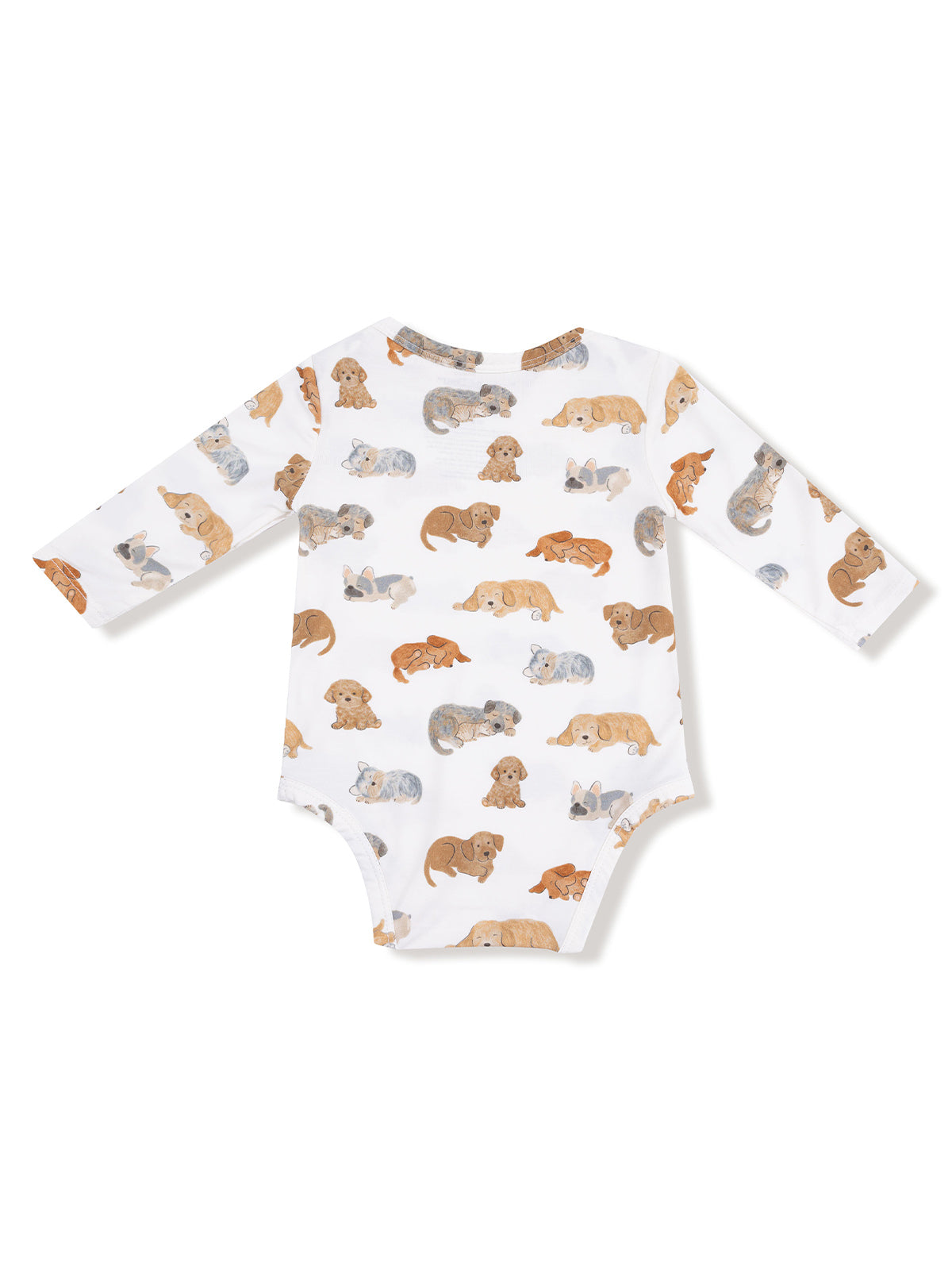 White baby onesie with colorful puppy patterns, featuring various breeds in playful poses.