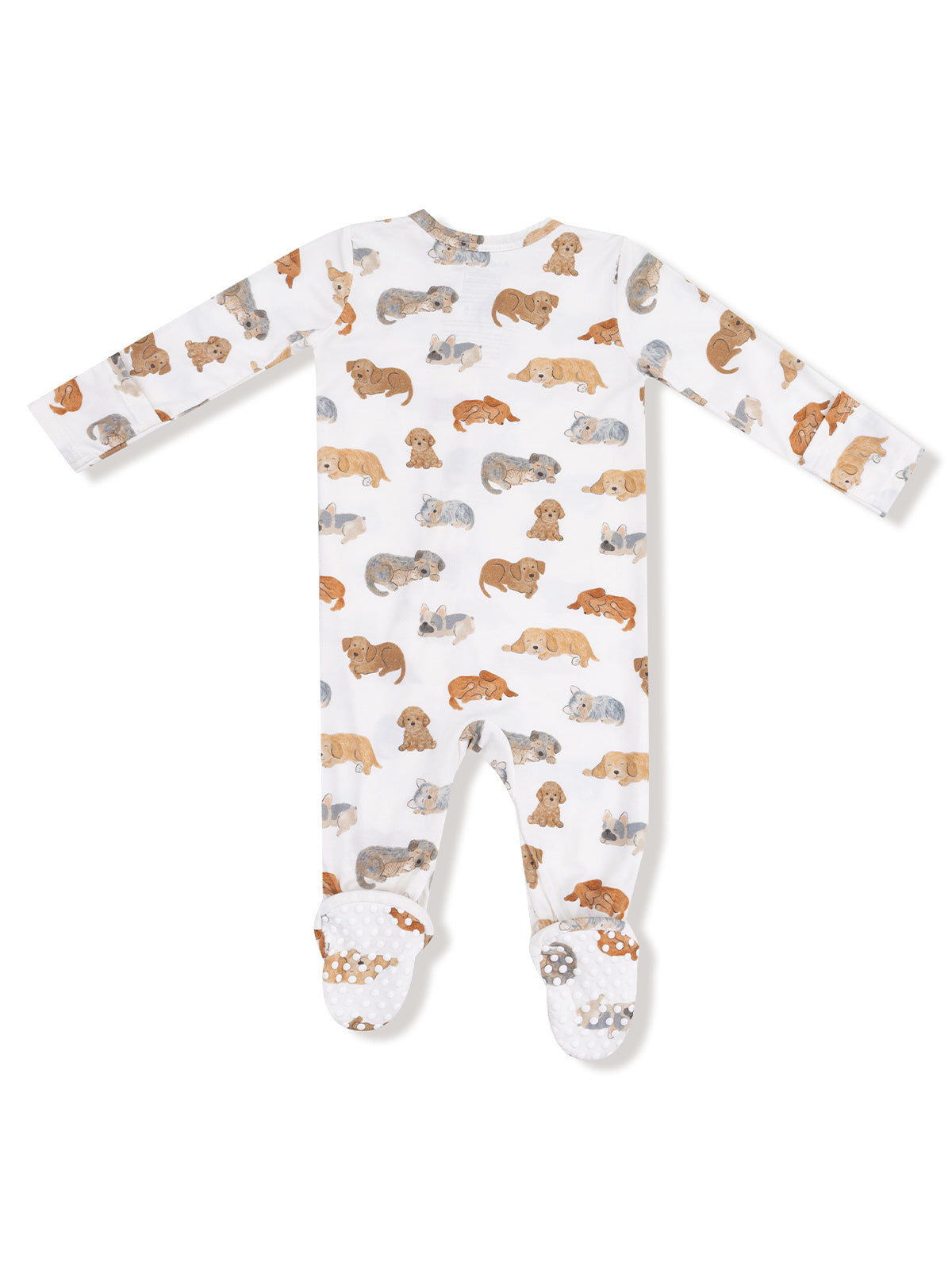 White baby romper featuring playful dog illustrations in various colors and non-slip footed soles.
