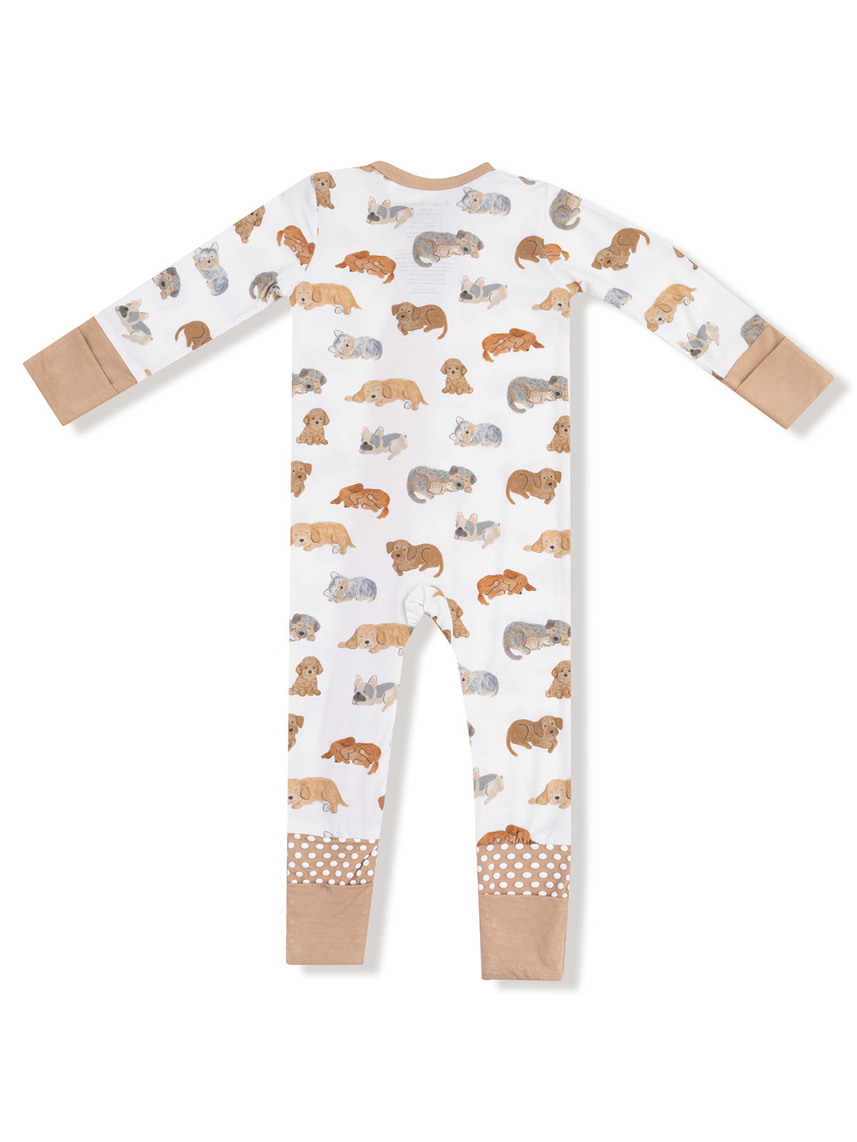 Back view of a children's pajama set featuring playful dog illustrations on a white background.