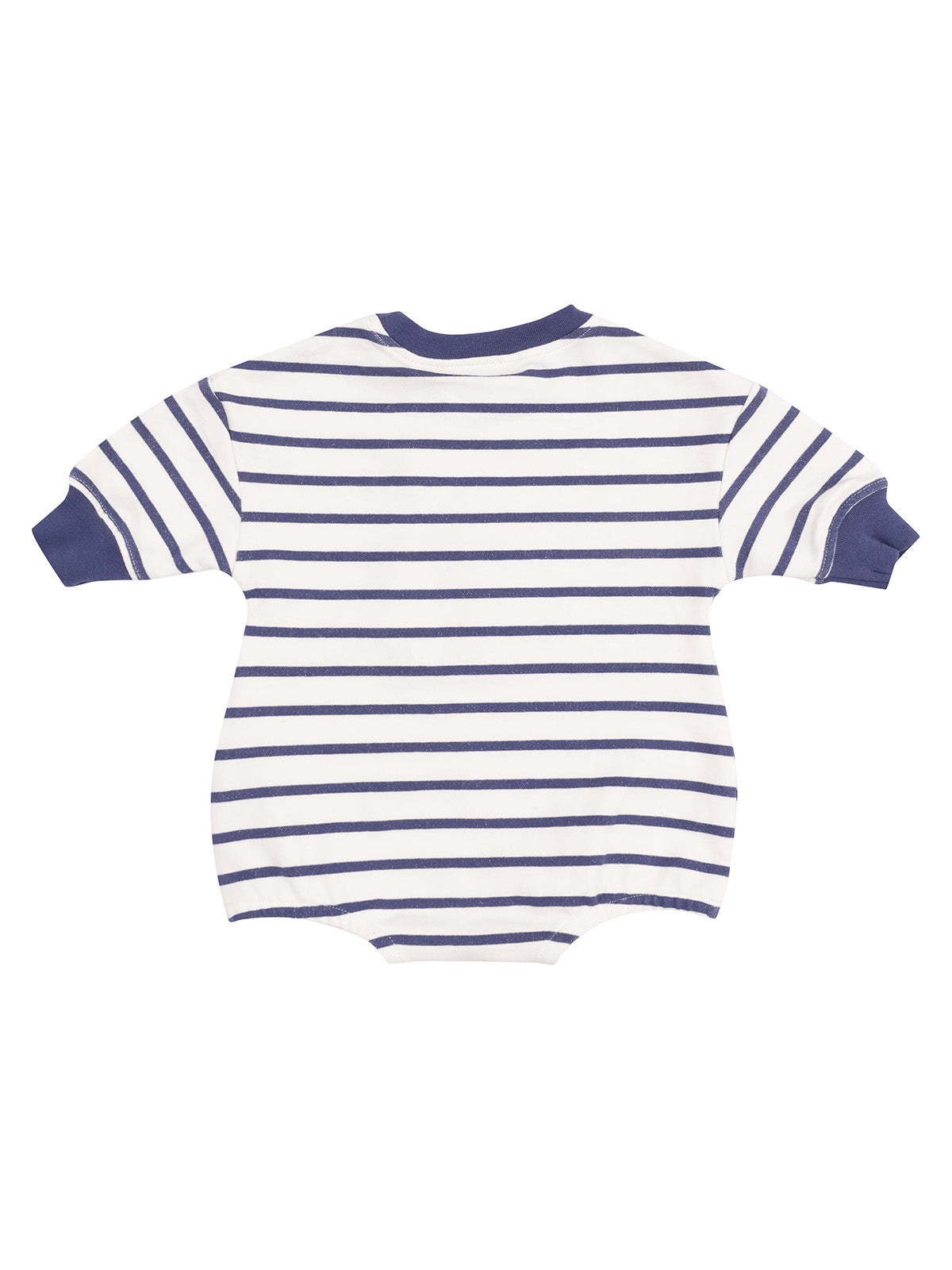 Back view of a striped infant bodysuit in navy blue and white, featuring short sleeves and a round neckline.