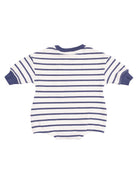 Back view of a striped infant bodysuit in navy blue and white, featuring short sleeves and a round neckline.