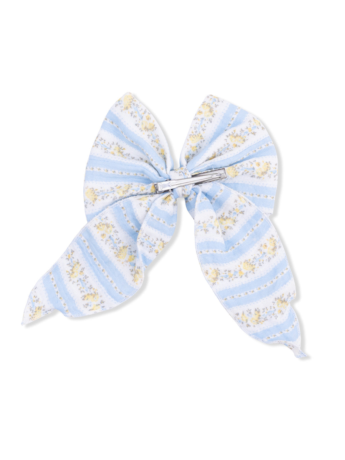 Light blue fabric hair bow with floral pattern and striped design. Perfect accessory for a feminine look.