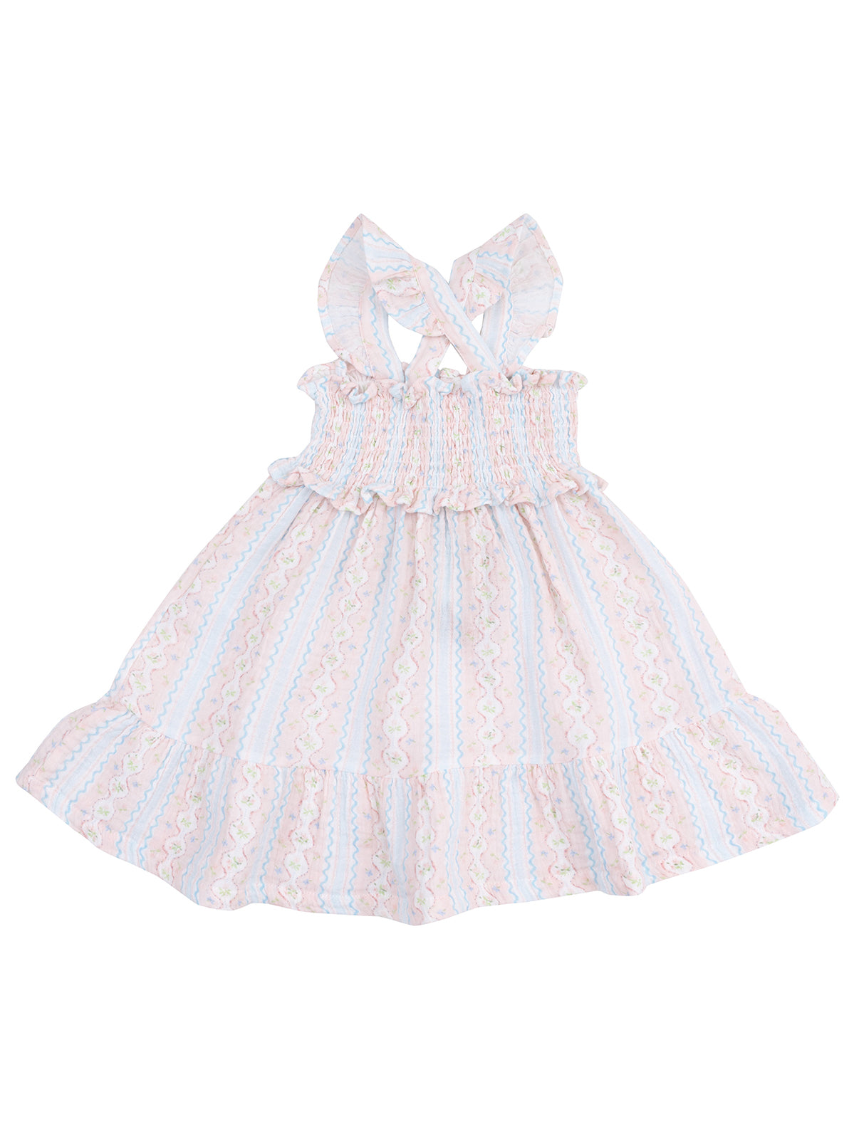 Light pastel dress with smocked bodice and ruffled hem, featuring a striped pattern in pink and blue.
