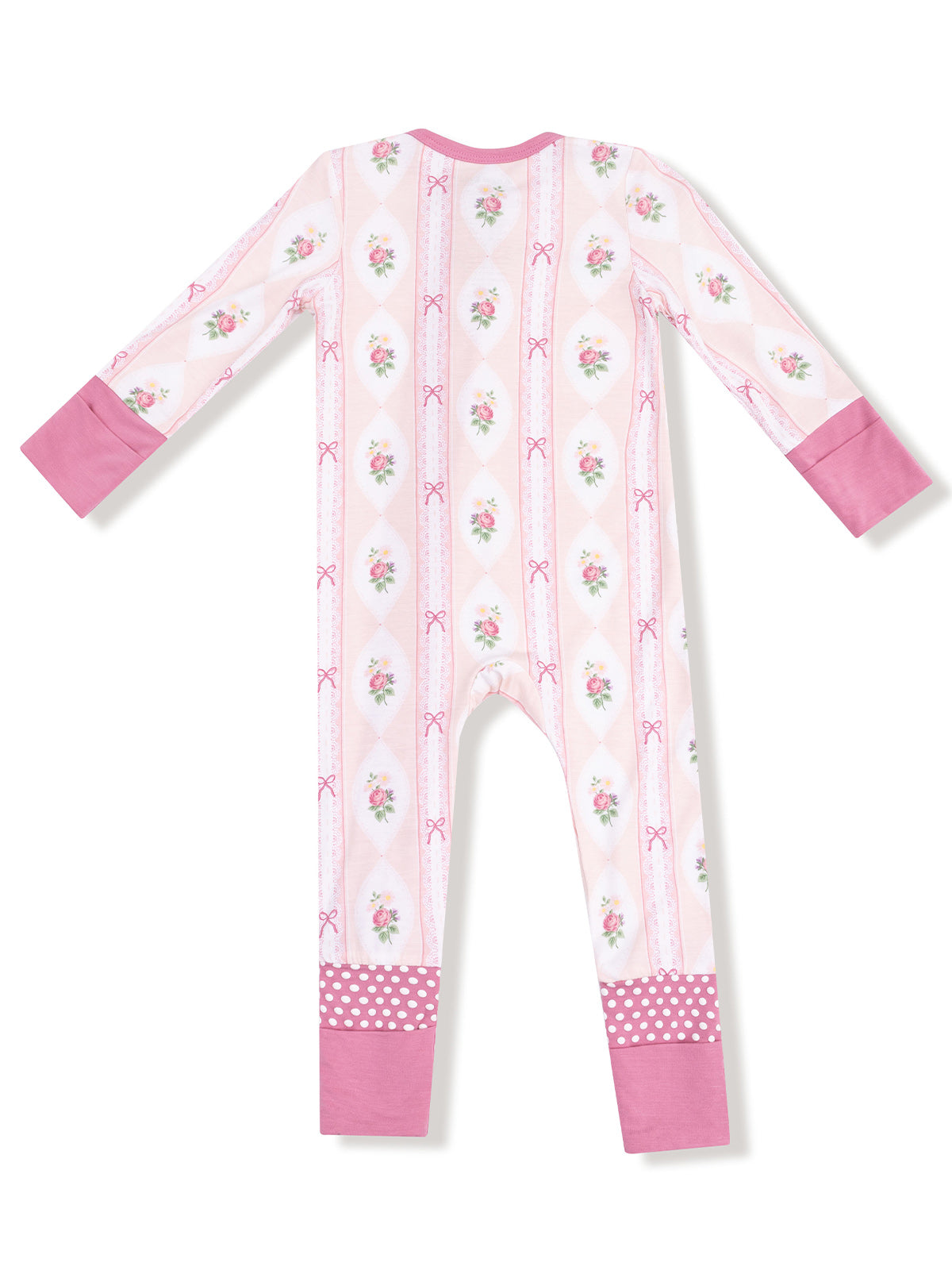 Pink girls' pajama set with floral print and polka dot accents, shown from the back.