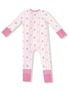 Pink girls' pajama set with floral print and polka dot accents, shown from the back.