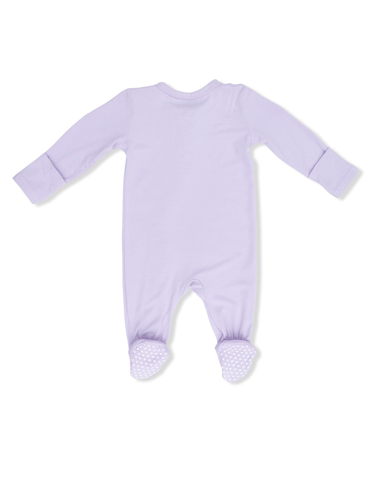 Light purple baby footed pajamas with textured non-slip soles, ideal for comfort and safety.