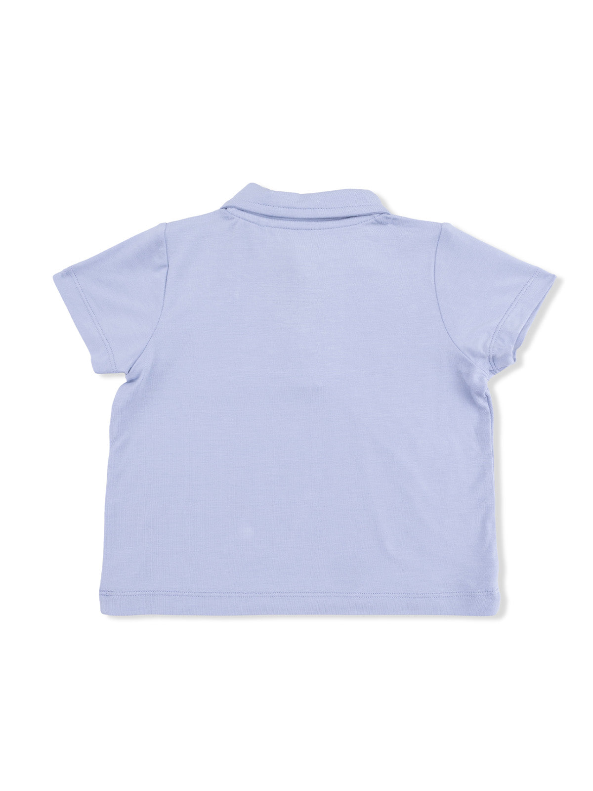 Back view of a light blue short-sleeve polo shirt on a white background.