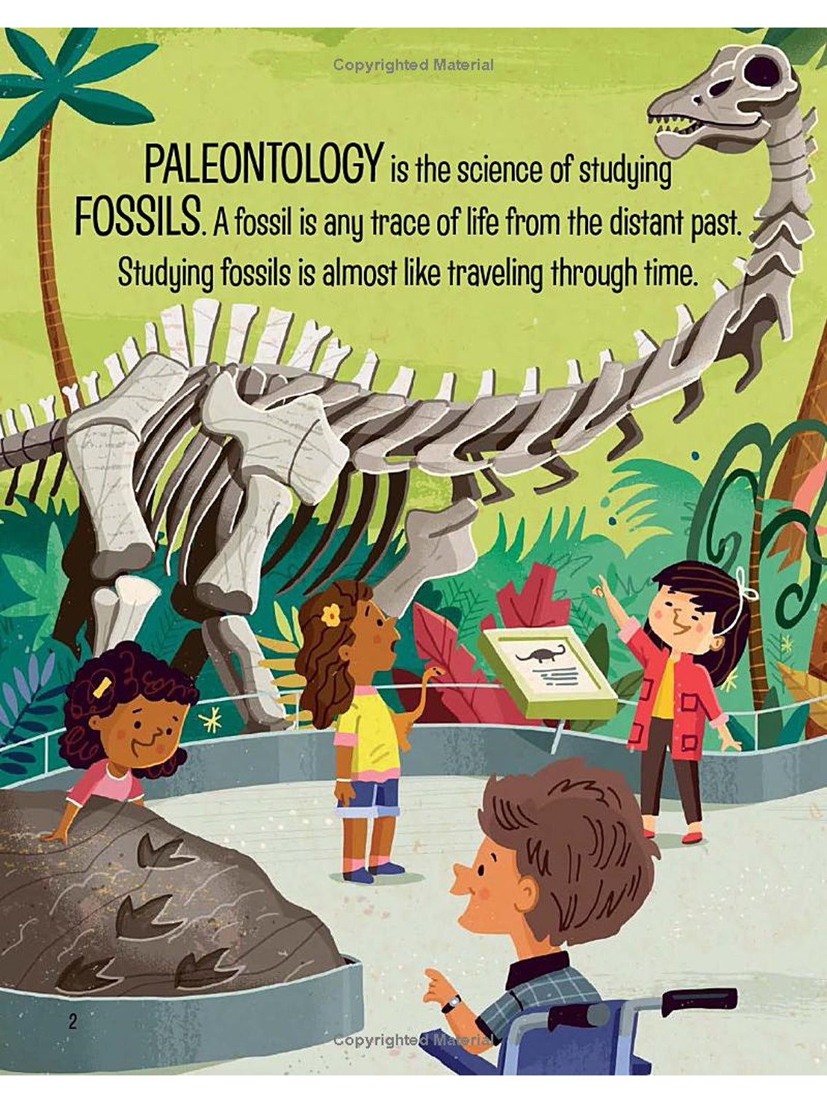 Children exploring a dinosaur skeleton exhibit, learning about paleontology and fossils in a vibrant environment.