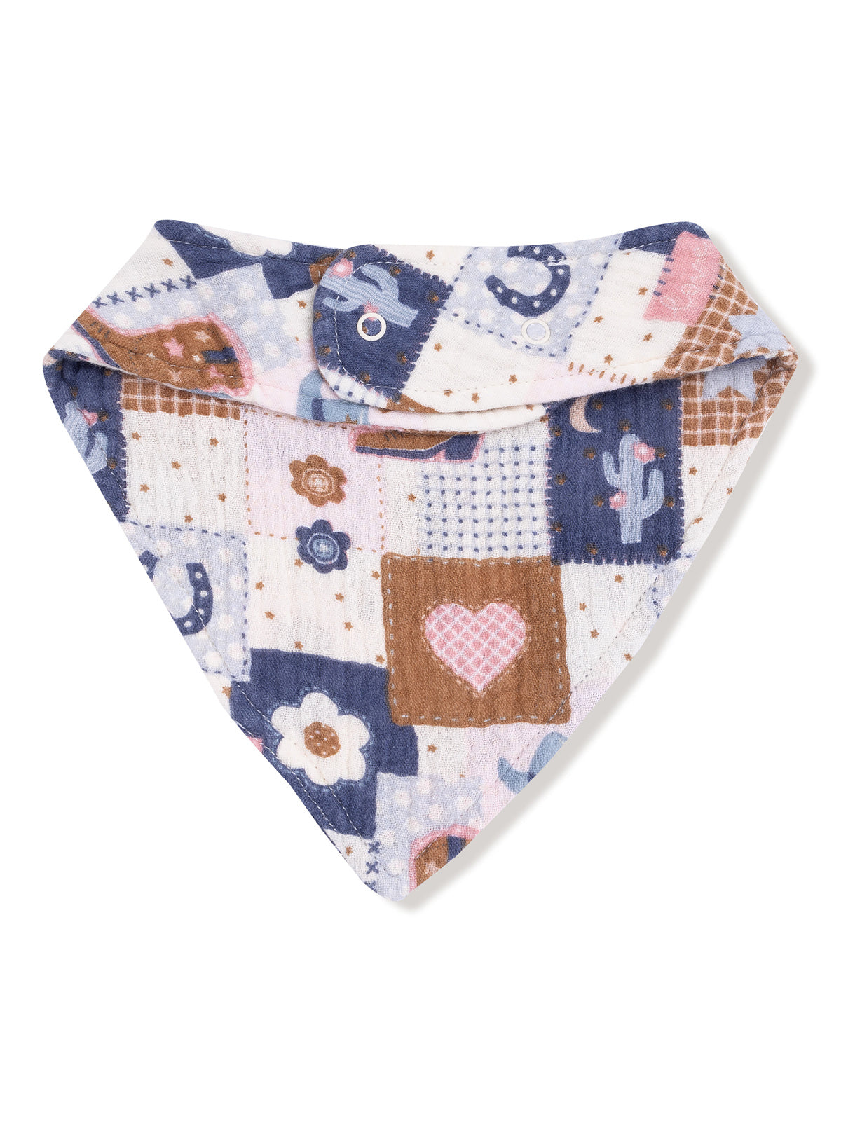 Colorful bandana bib with patchwork design featuring flowers, hearts, and cacti on a light background.