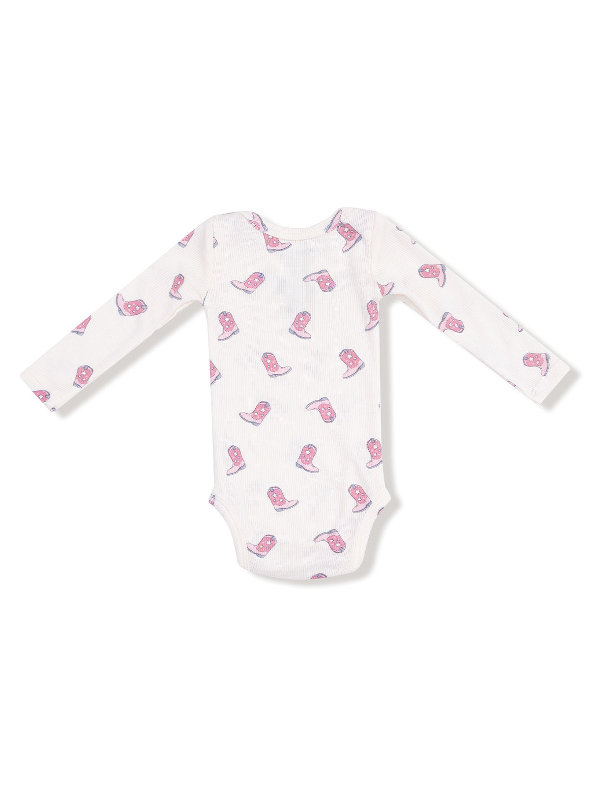 White long-sleeve baby onesie with a pink western boot pattern.