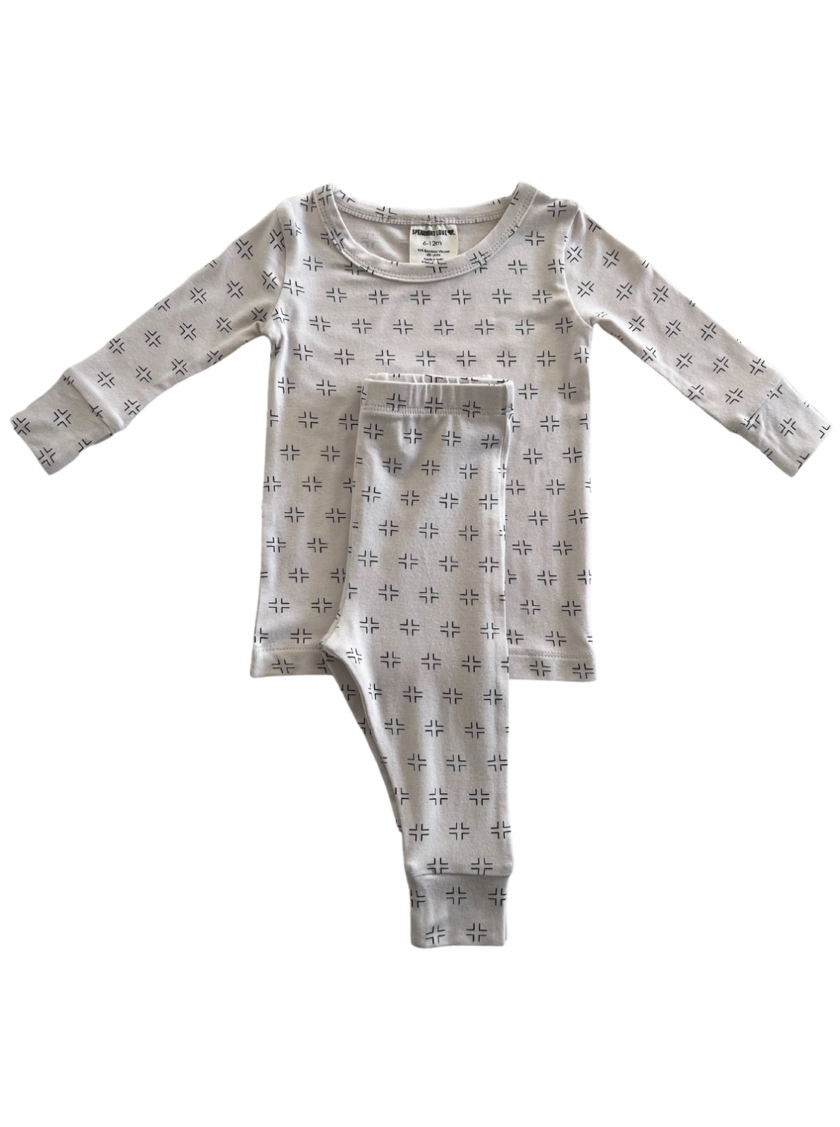 Gray patterned children's pajama set with long sleeves and pants on a white background.