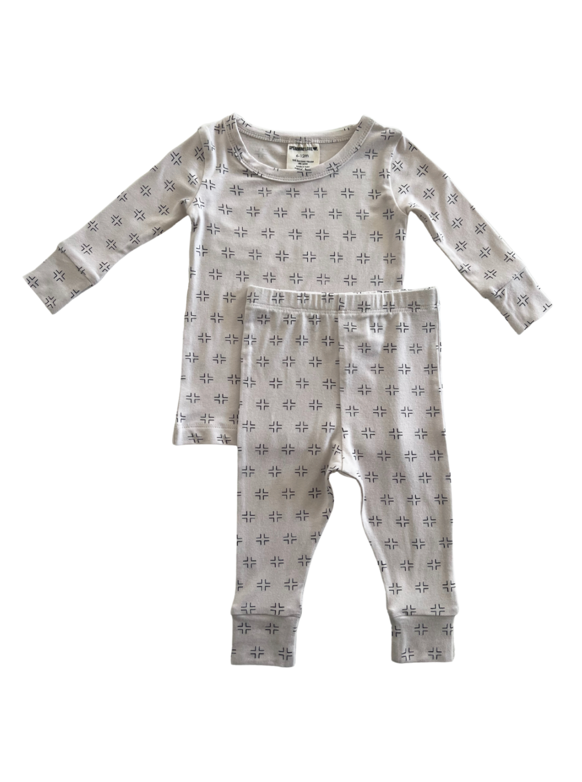 Light gray kids' pajama set featuring a long-sleeve top and matching pants with a simple pattern.