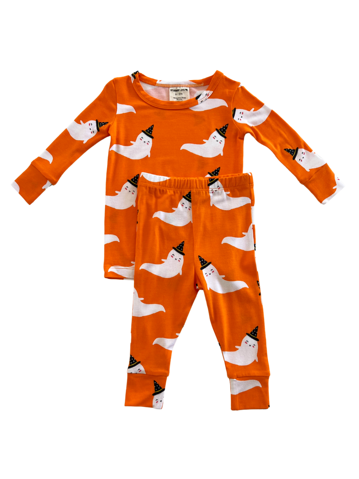 Orange pajama set featuring white ghosts with black hats, perfect for Halloween-themed sleepwear.