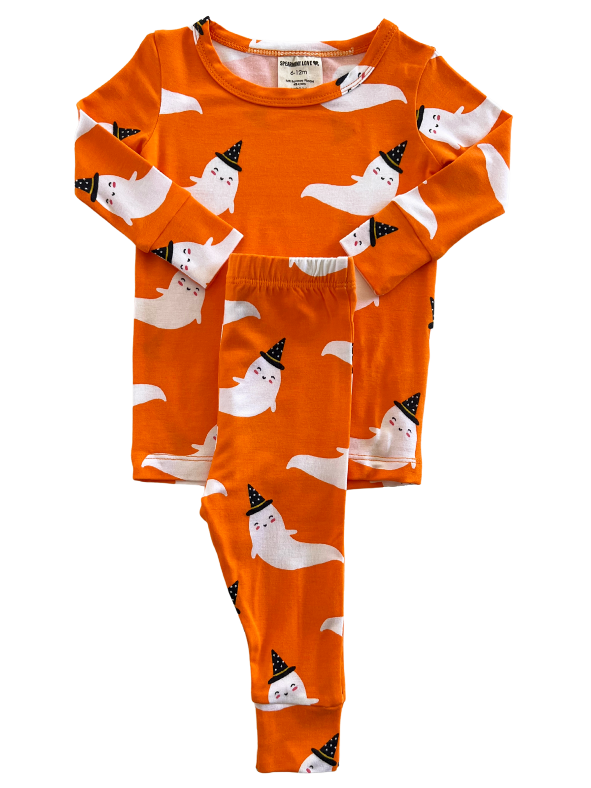 Orange pajamas with playful ghost patterns and party hats, ideal for Halloween-themed sleepwear.
