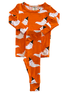 Orange pajamas with playful ghost patterns and party hats, ideal for Halloween-themed sleepwear.