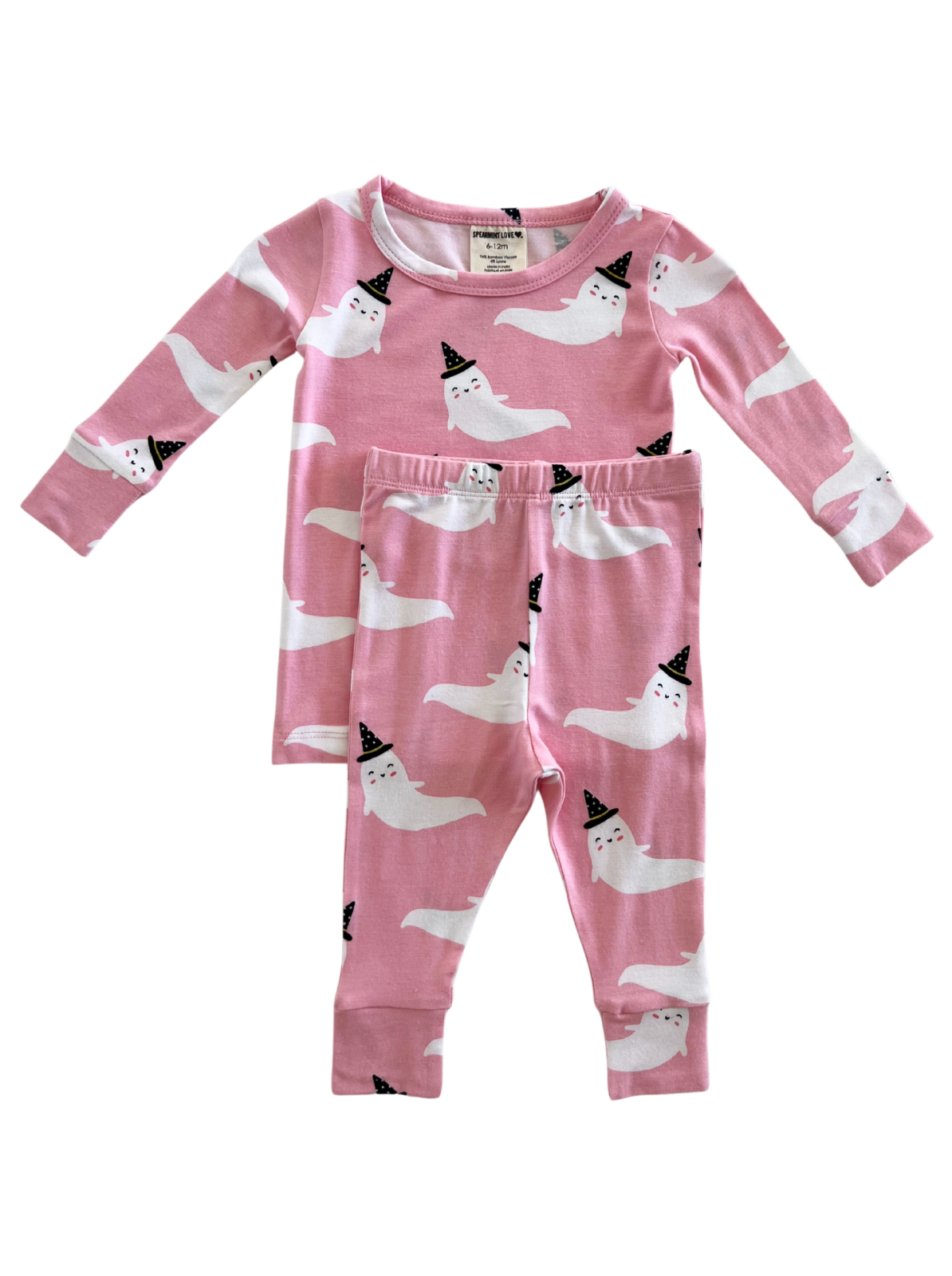 Pink ghost-patterned pajama set with long sleeves and matching pants, featuring cheerful ghosts in party hats.