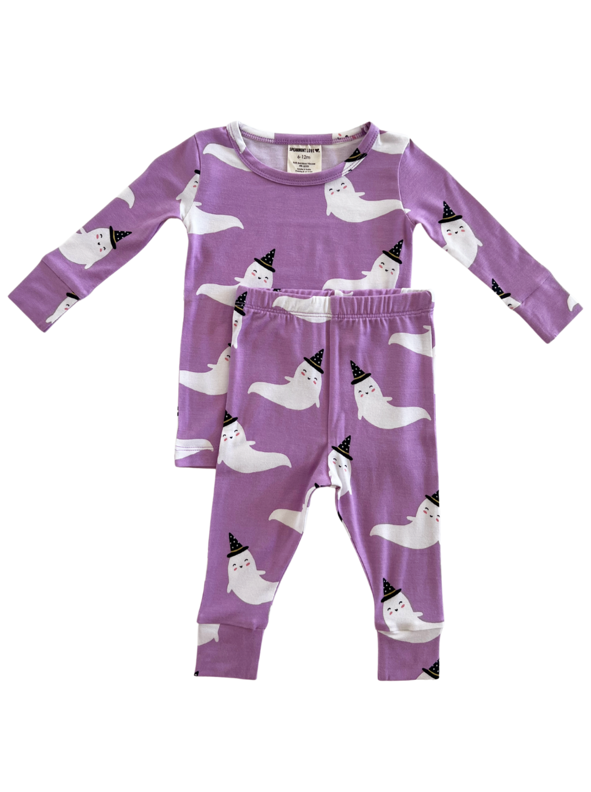 Purple ghost-themed pajamas for infants featuring playful, smiling ghosts in party hats.