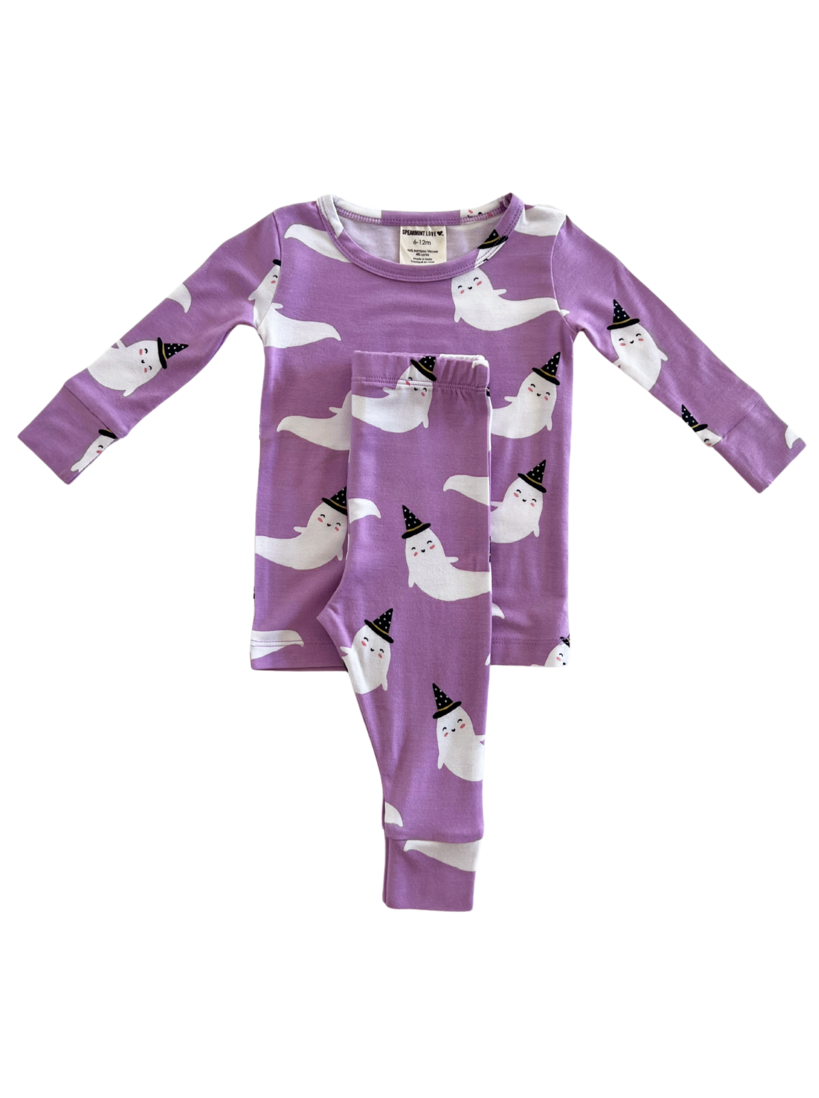 Purple ghost-themed pajama set featuring long sleeves and pants with playful smiling ghosts in party hats.
