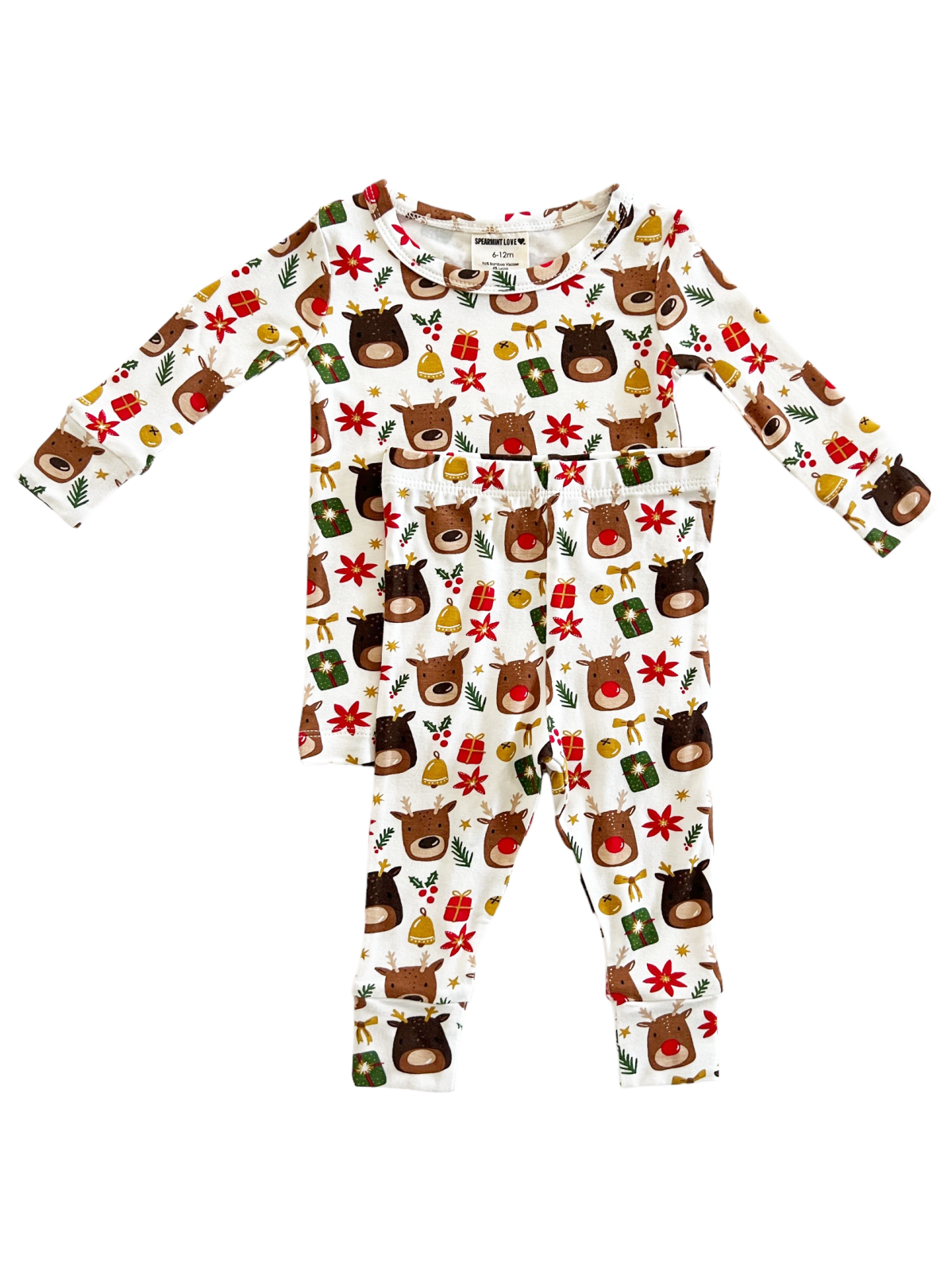 Festive children’s pajamas featuring bear designs with gifts and flowers on a cream background.