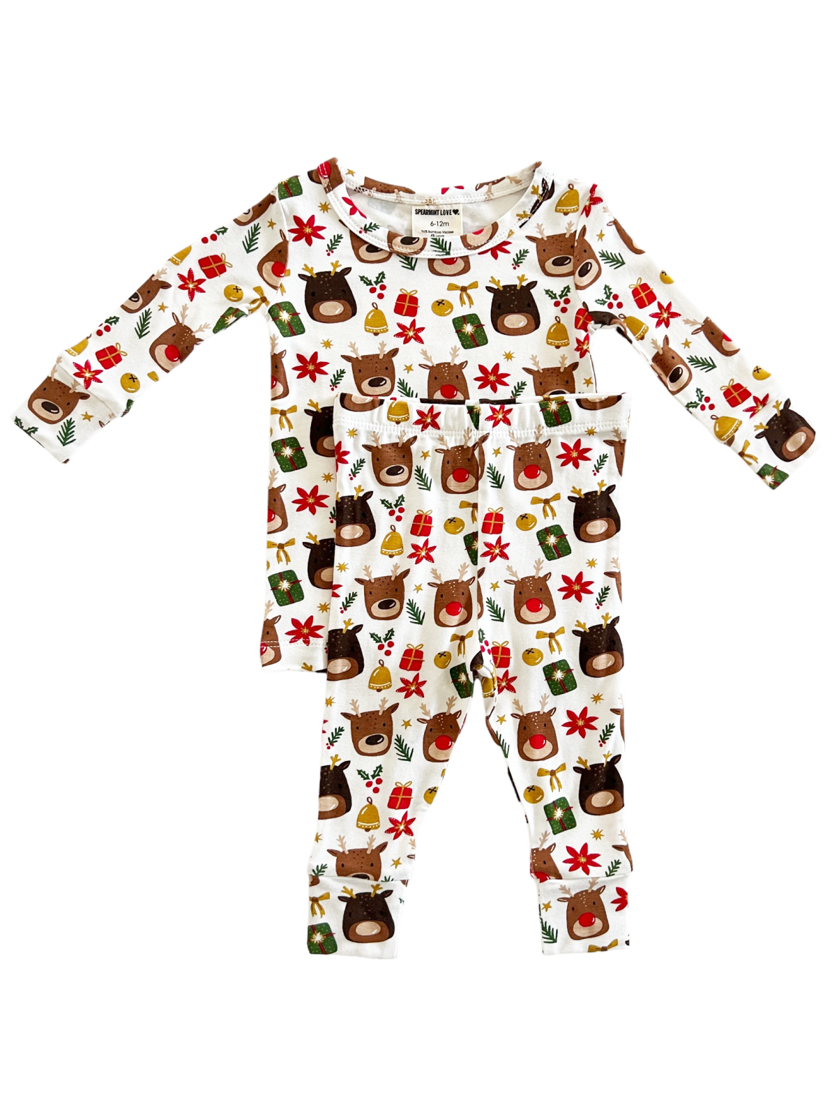 Festive children’s pajamas featuring bear designs with gifts and flowers on a cream background.