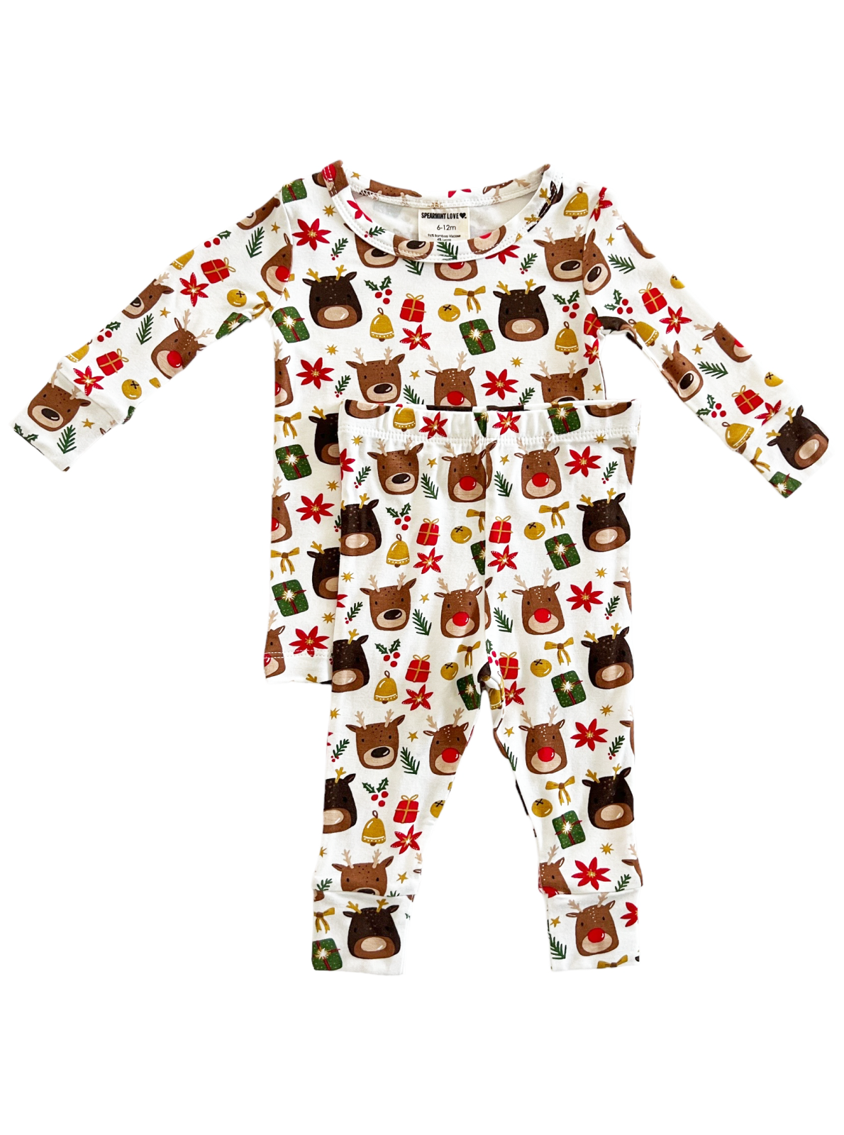 Festive children’s pajamas featuring bear designs with gifts and flowers on a cream background.