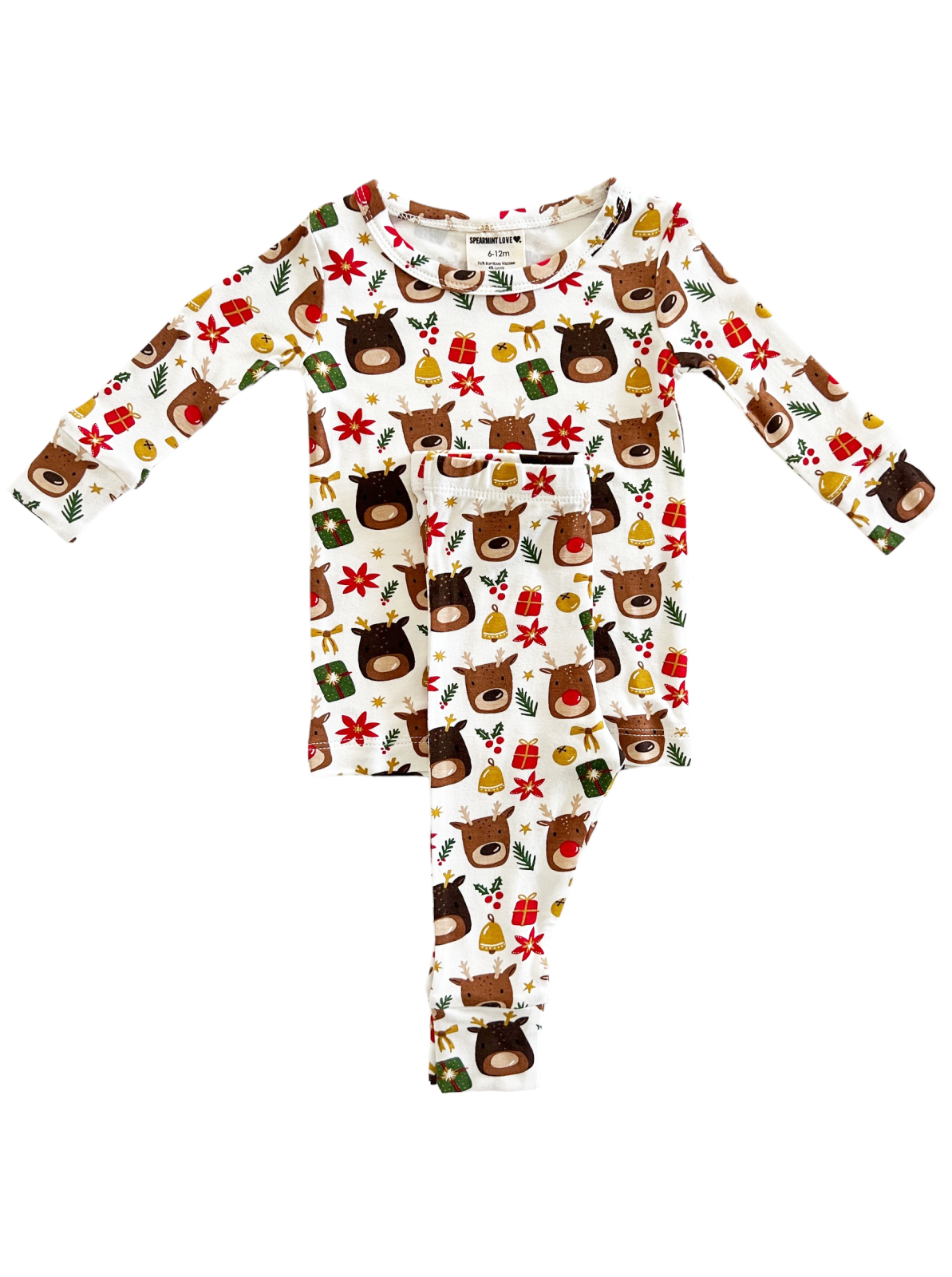 Children's festive pajamas featuring playful bear and holiday patterns in red, green, and gold on a white background.