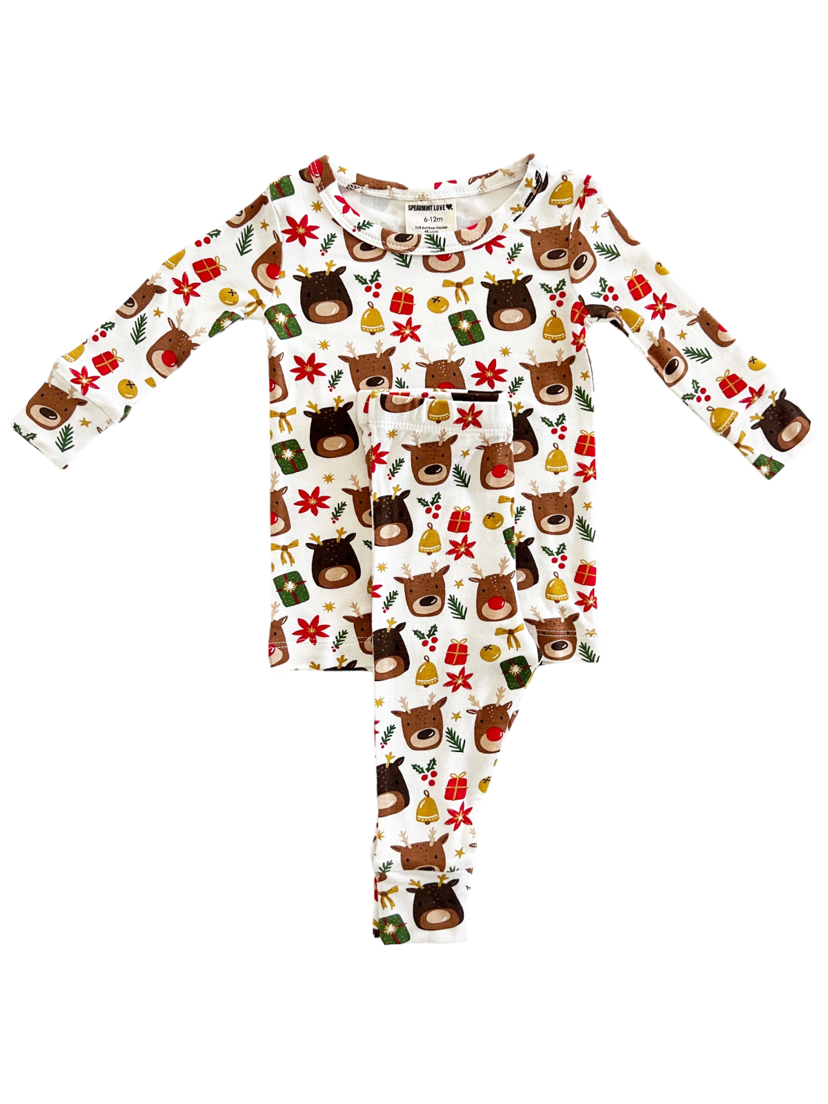 Children's festive pajamas featuring playful bear and holiday patterns in red, green, and gold on a white background.