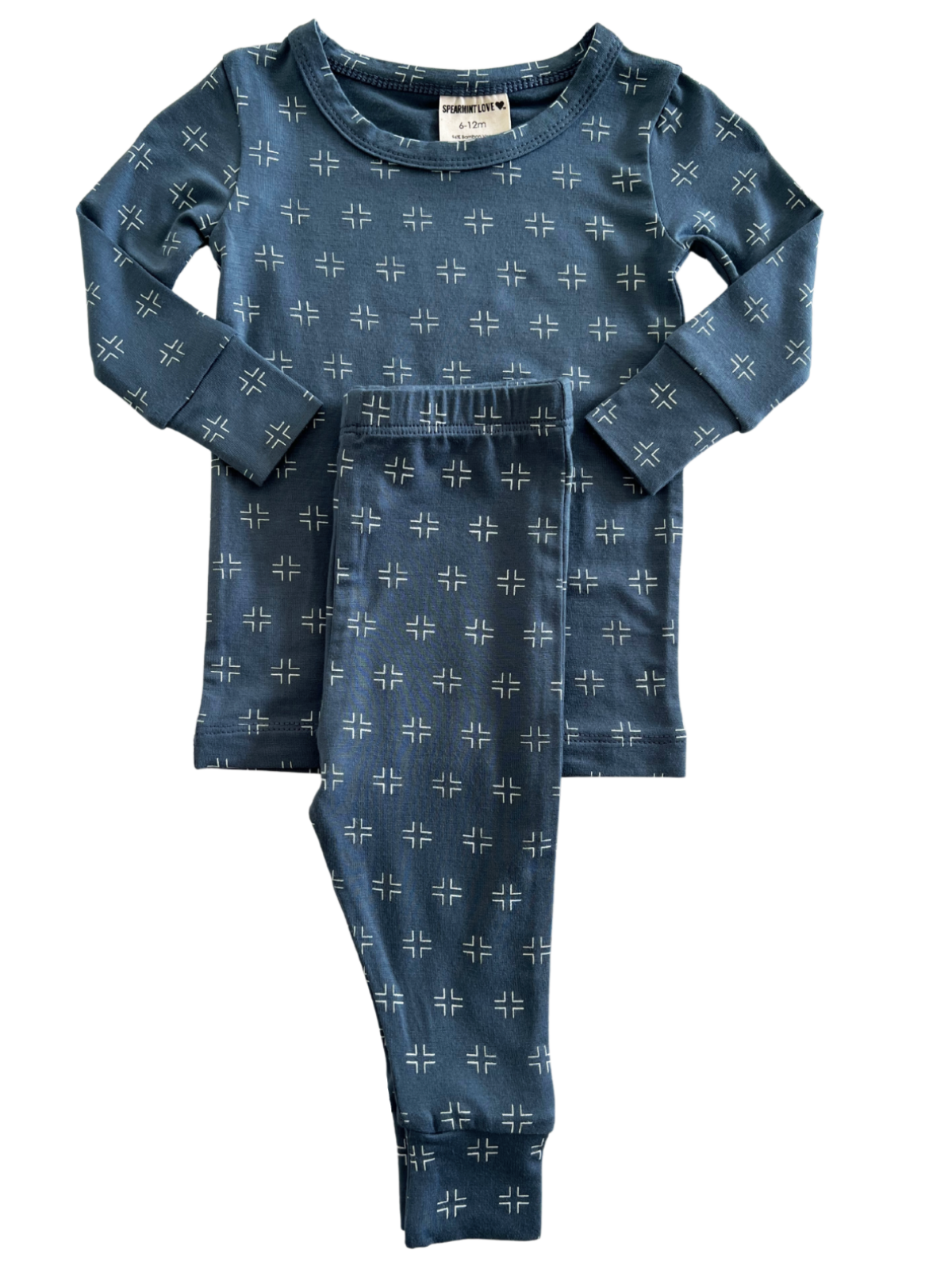 Navy blue baby pajamas set featuring a patterned top and matching pants, suitable for ages 6-12 months.