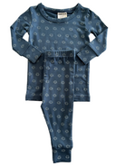 Navy blue baby pajamas set featuring a patterned top and matching pants, suitable for ages 6-12 months.