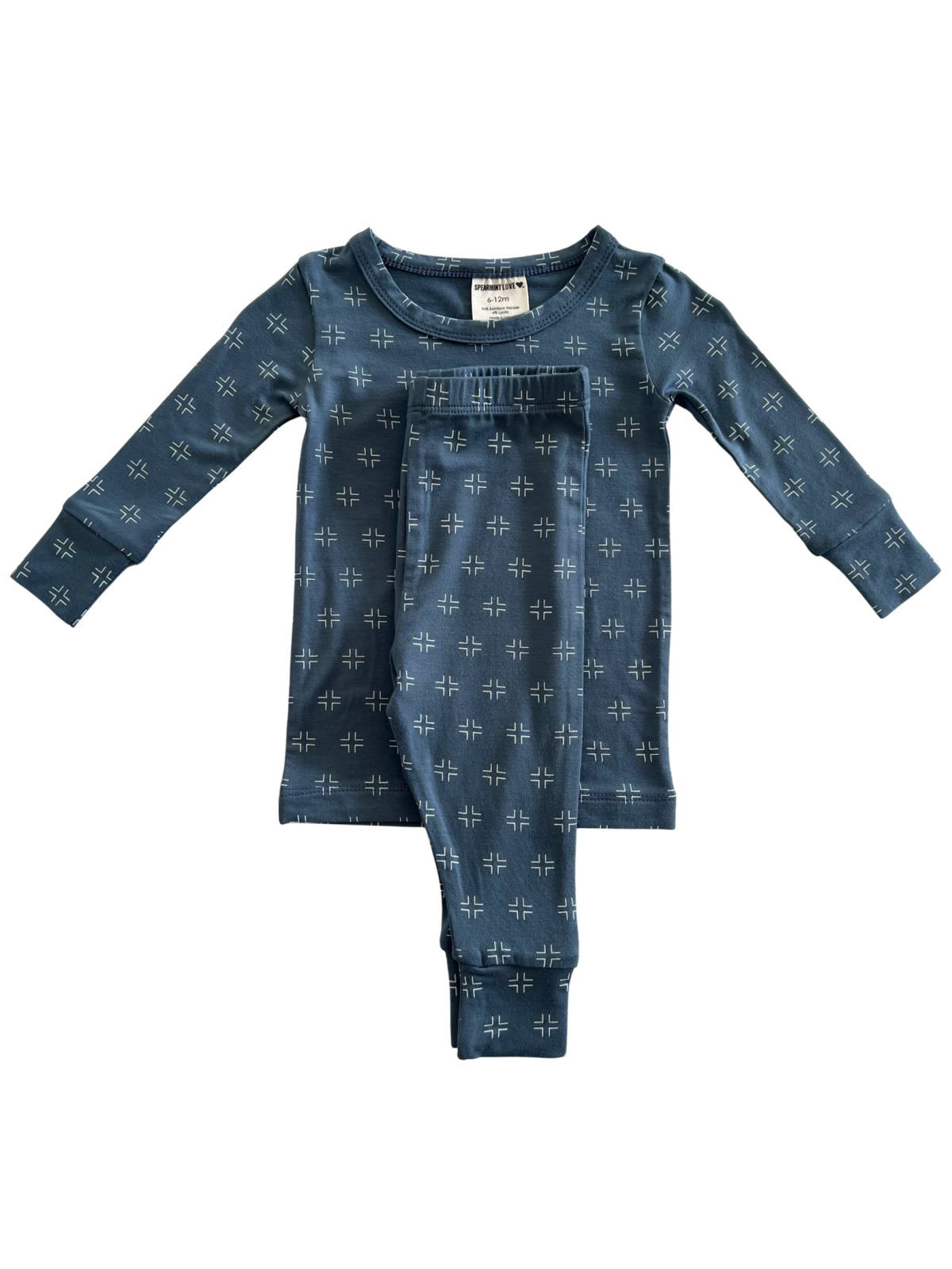 Blue patterned pajama set for infants, featuring a long-sleeve top and matching pants.