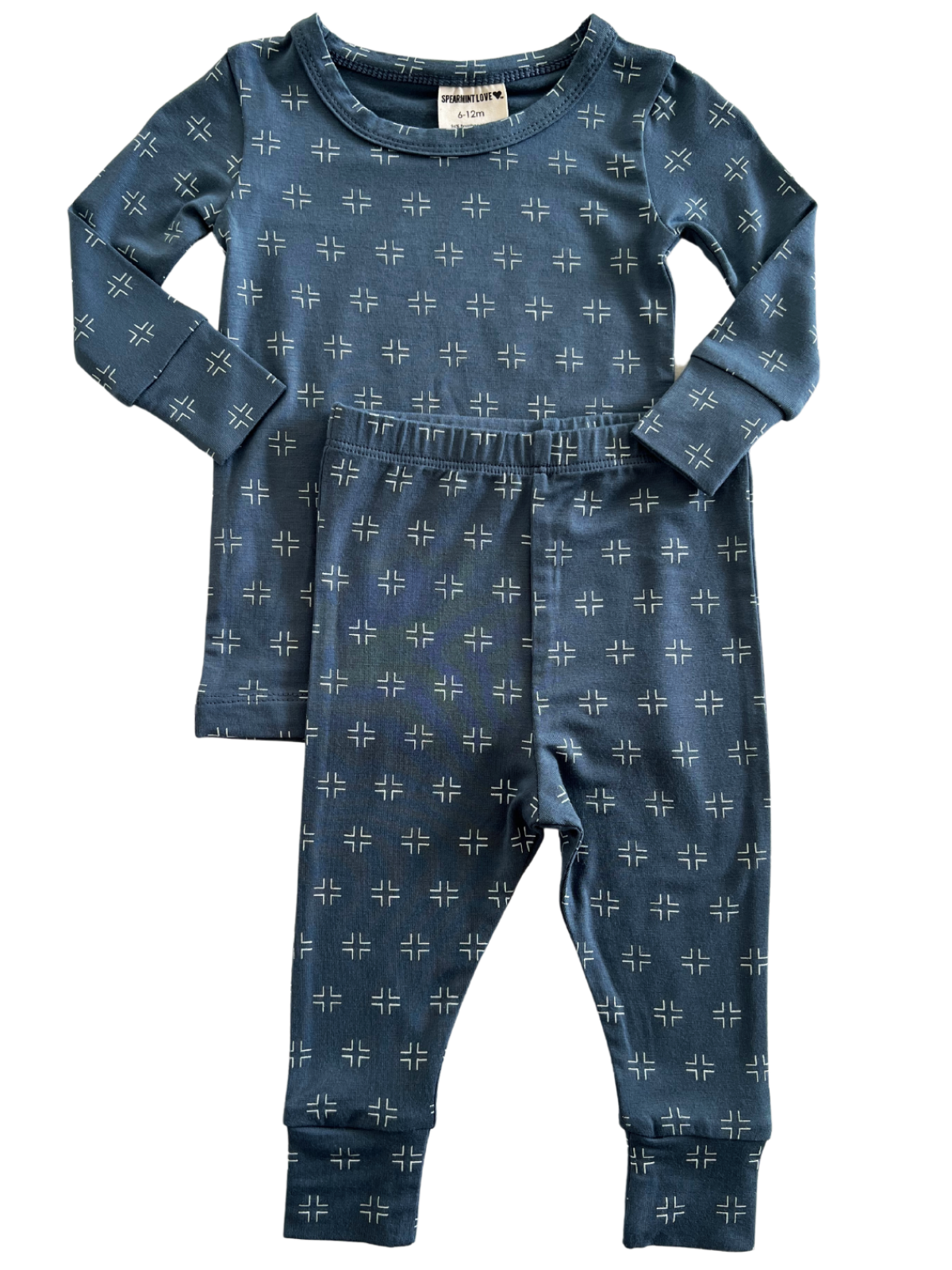Blue long-sleeve pajama set for infants, featuring a subtle geometric pattern.