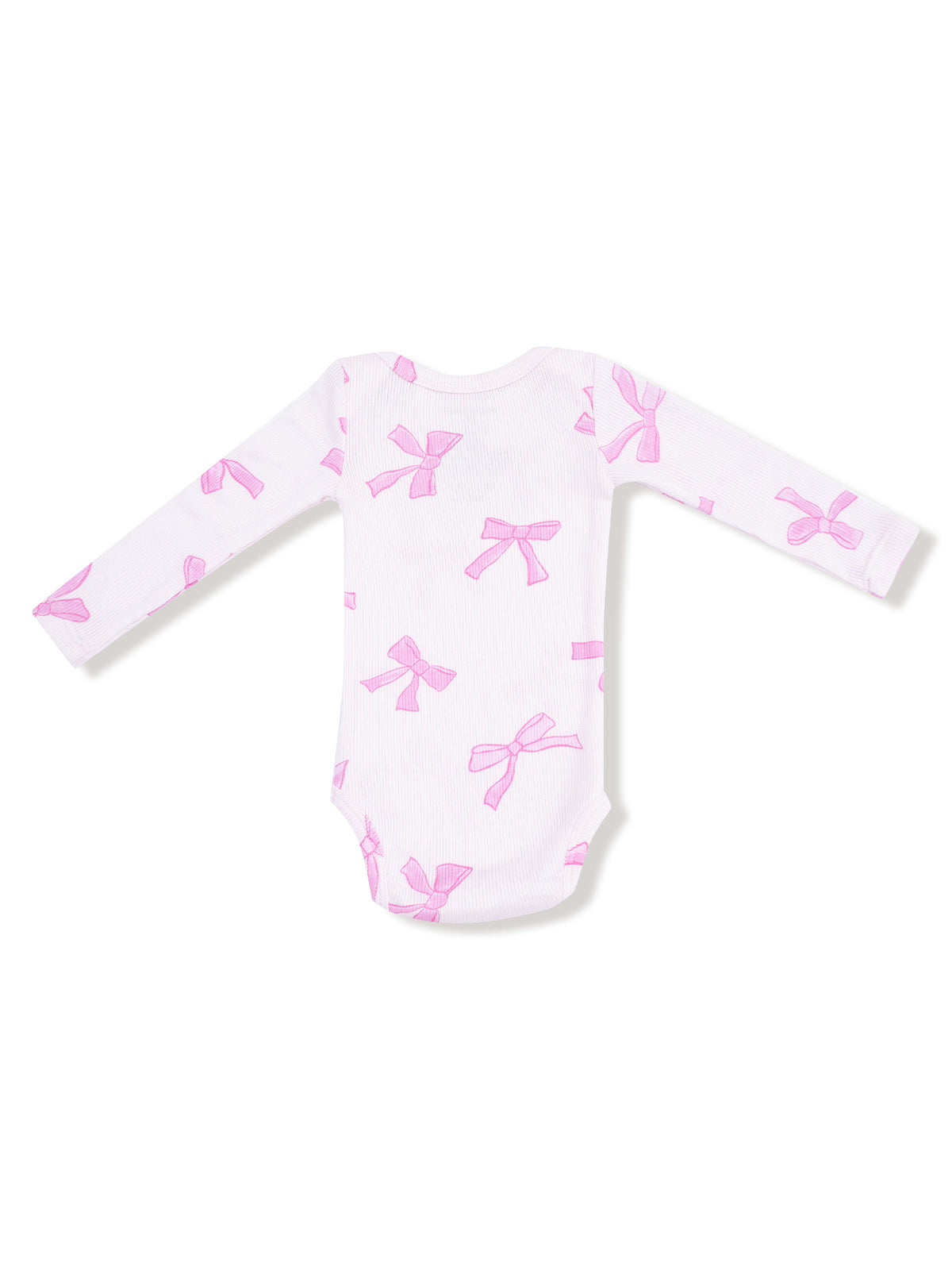 White long-sleeve baby bodysuit featuring a pattern of pink bows.