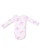 White long-sleeve baby bodysuit featuring a pattern of pink bows.