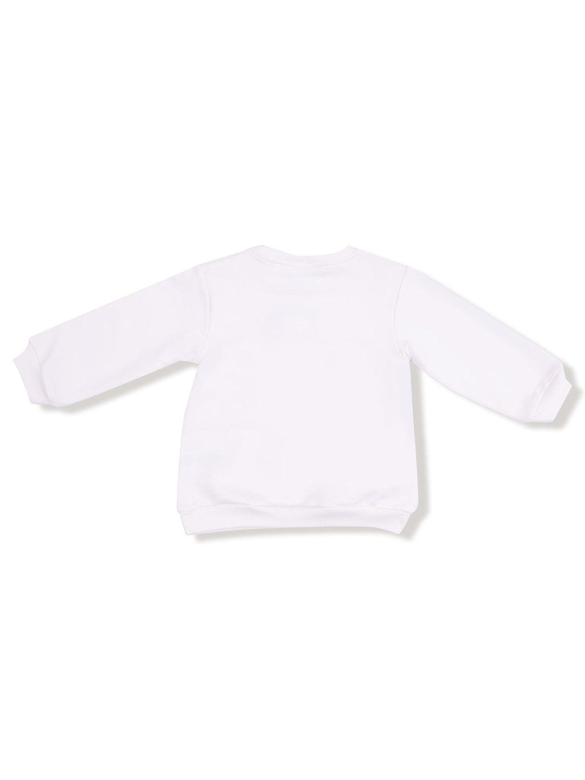 Back view of a plain white long-sleeve sweatshirt, displayed on a white background.