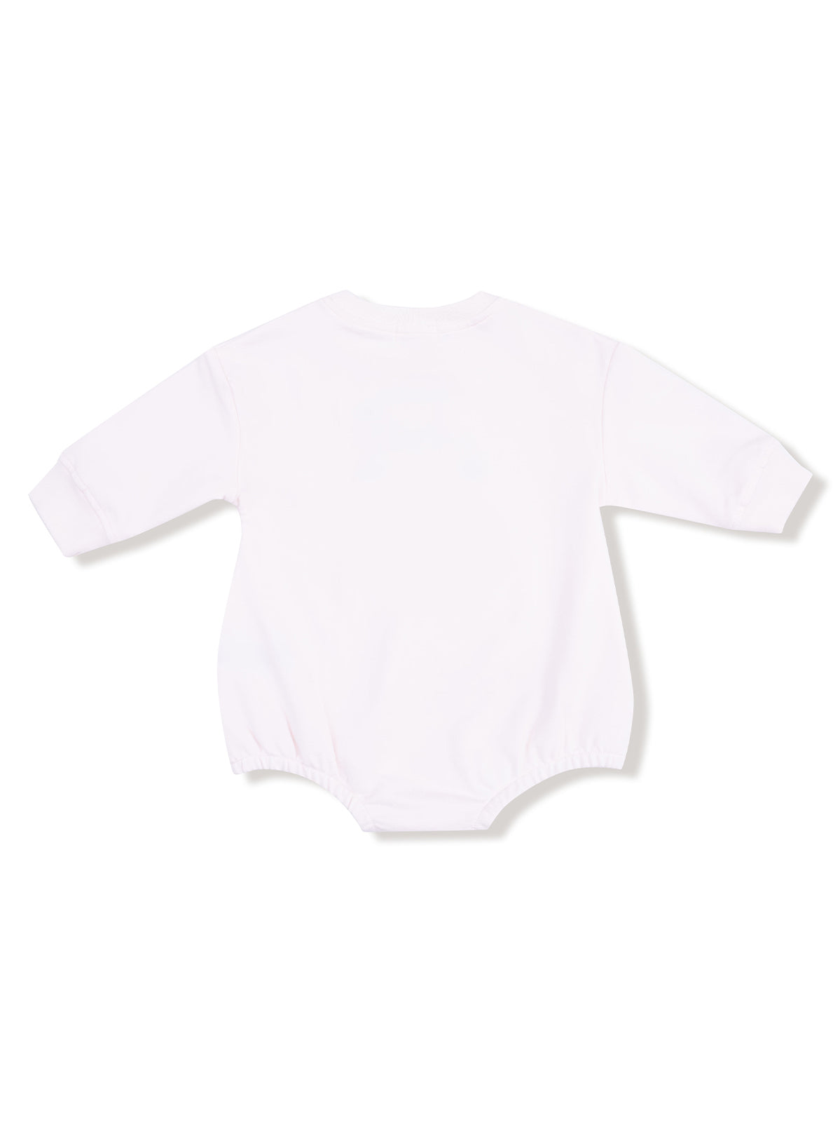 White long-sleeve baby onesie, viewed from the back, with a soft and comfortable fit.