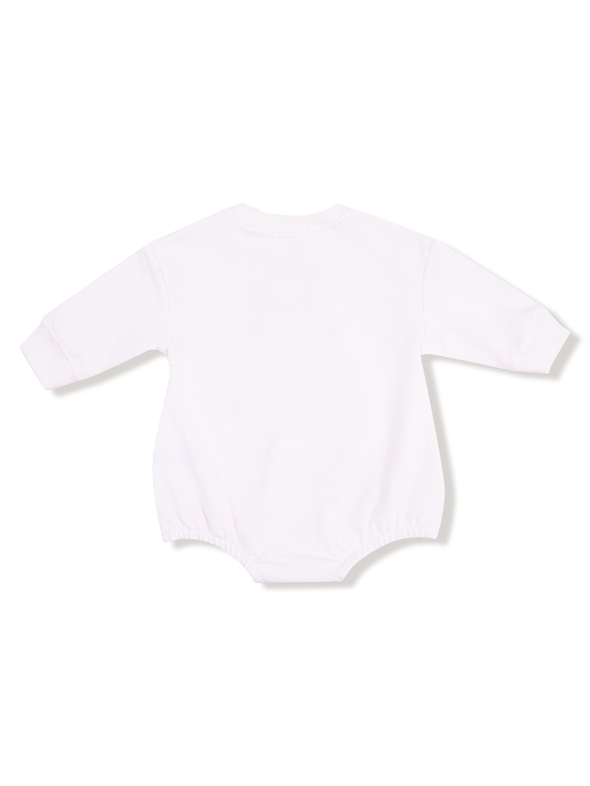 White long-sleeve baby onesie, viewed from the back, with a soft and comfortable fit.