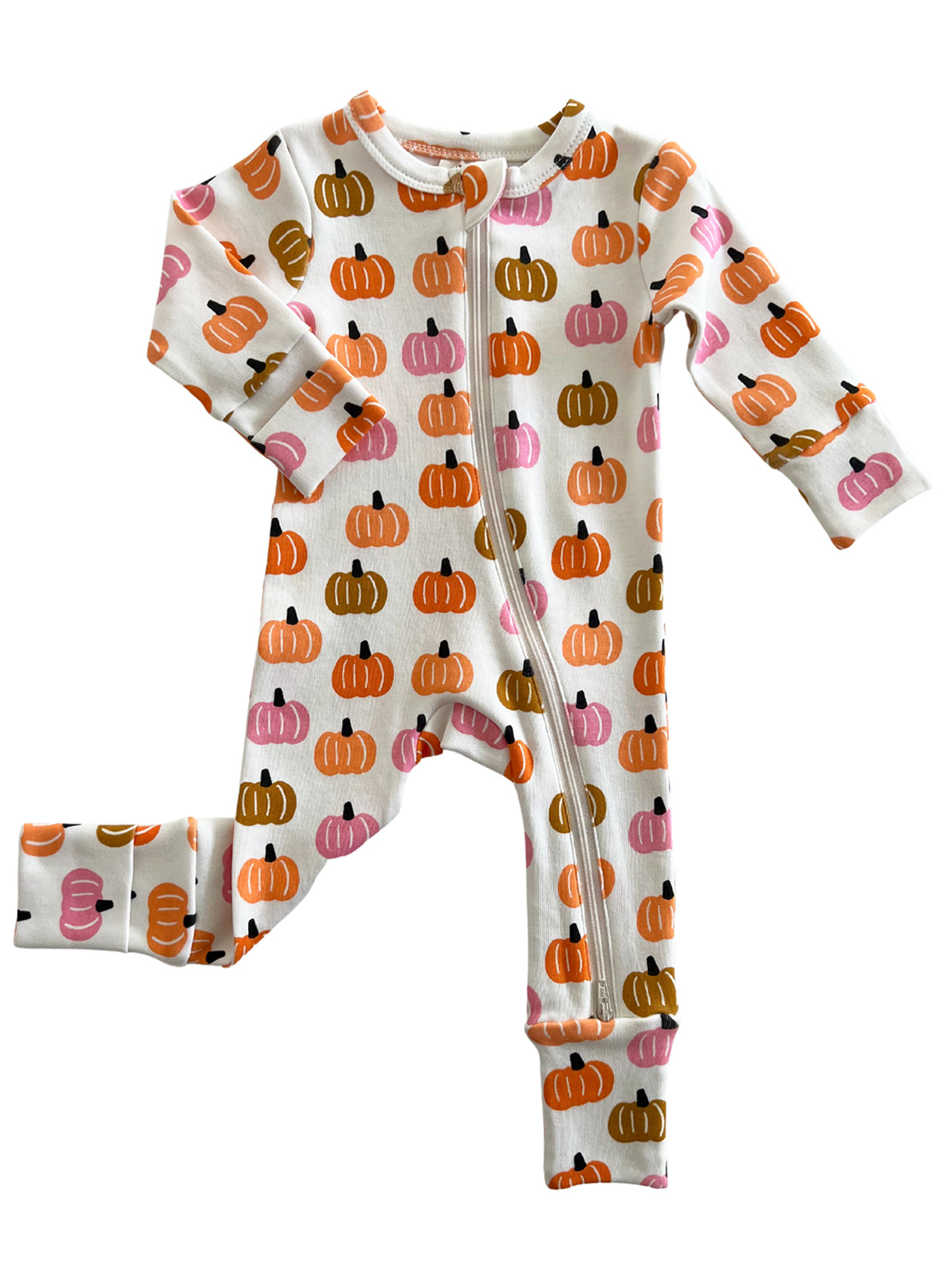 White children’s onesie covered in colorful pumpkin patterns, featuring long sleeves and a front zipper.