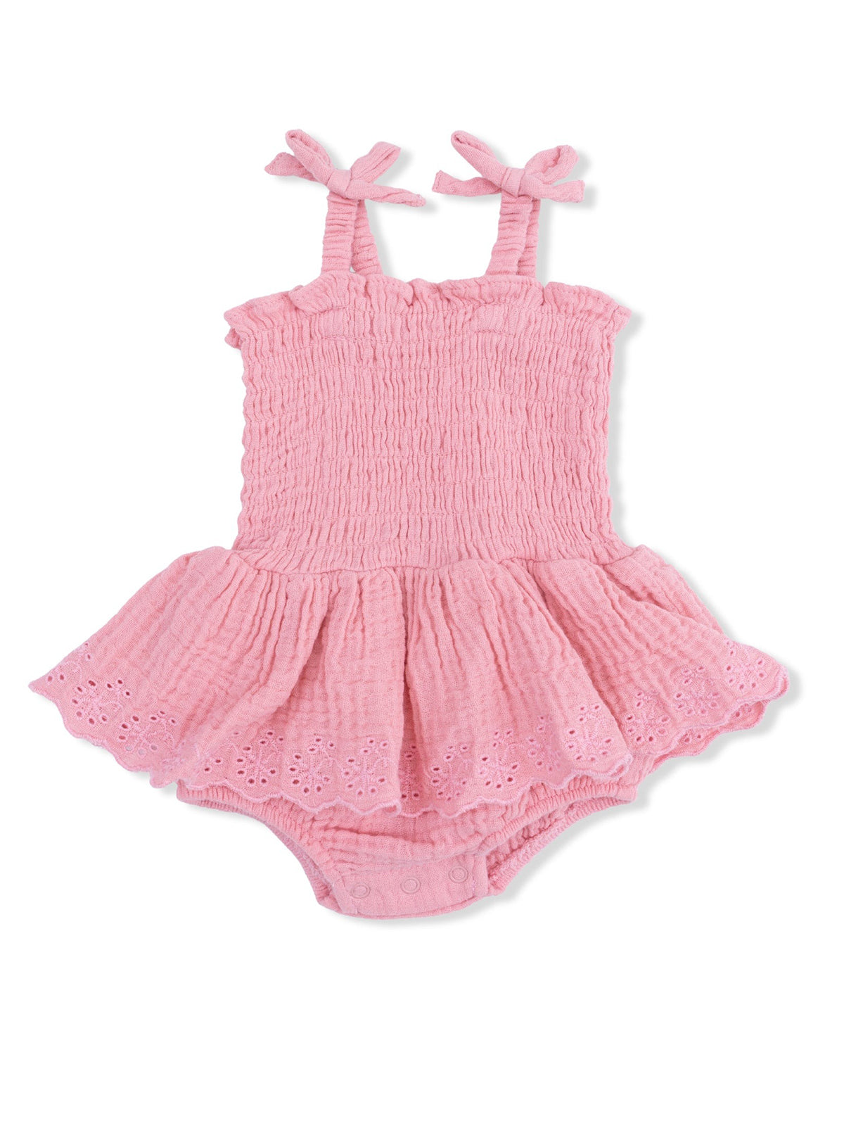 Pink baby romper with straps and ruffled skirt, featuring embroidered details at the hem. Ideal for warm weather.