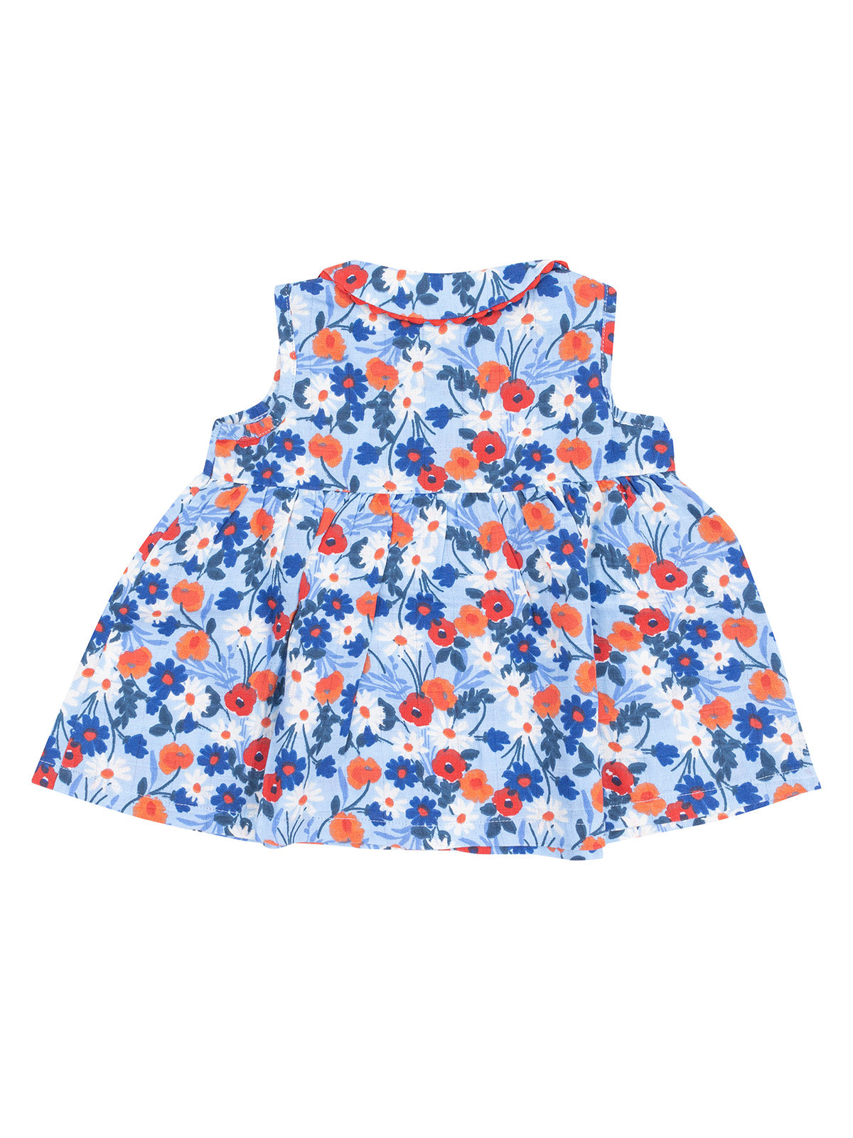 Floral sleeveless dress in blue, orange, and red patterns, with a flared skirt and round neckline.