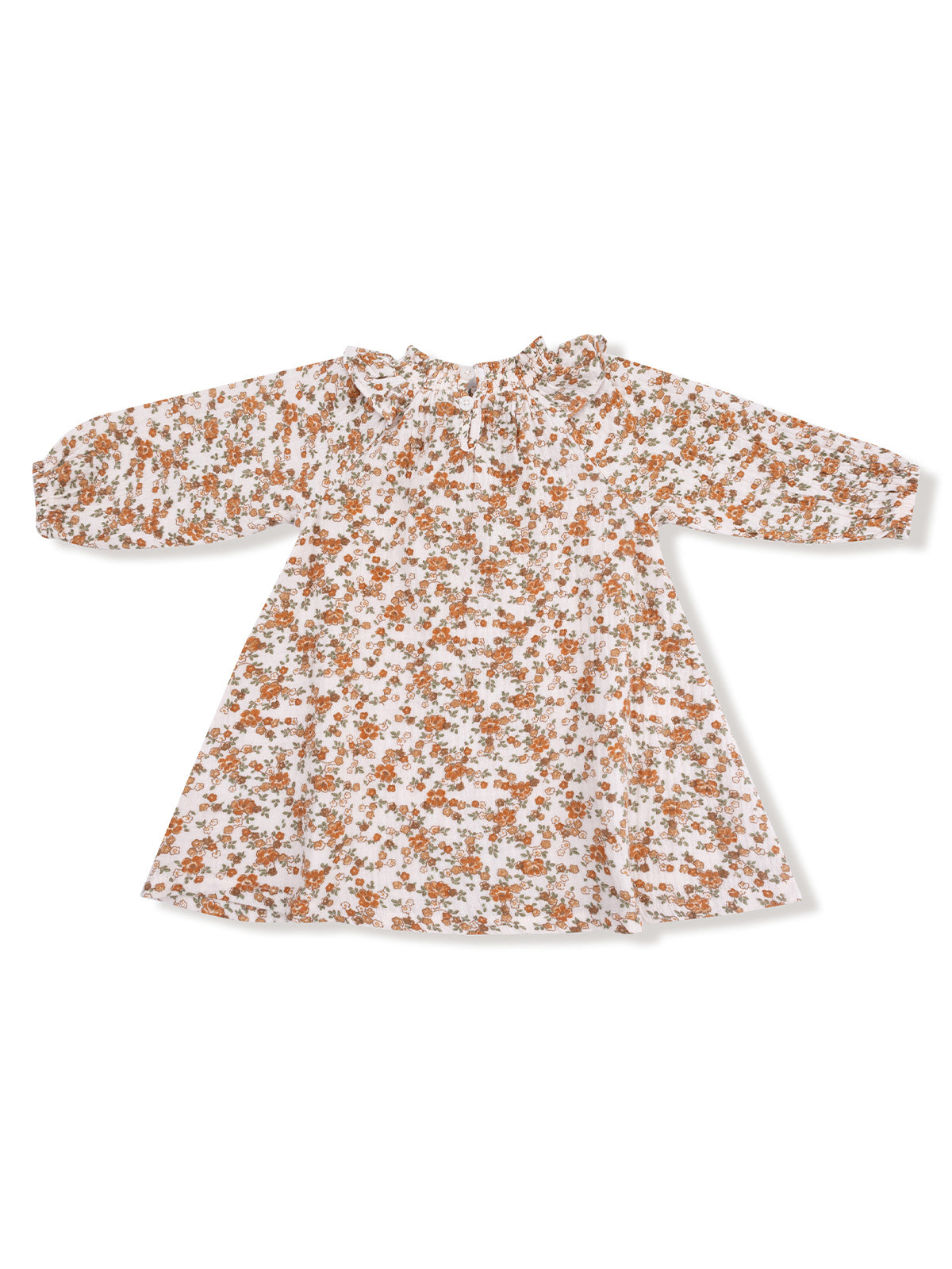 White dress with floral print in orange and green, featuring long sleeves and a ruffled neckline.