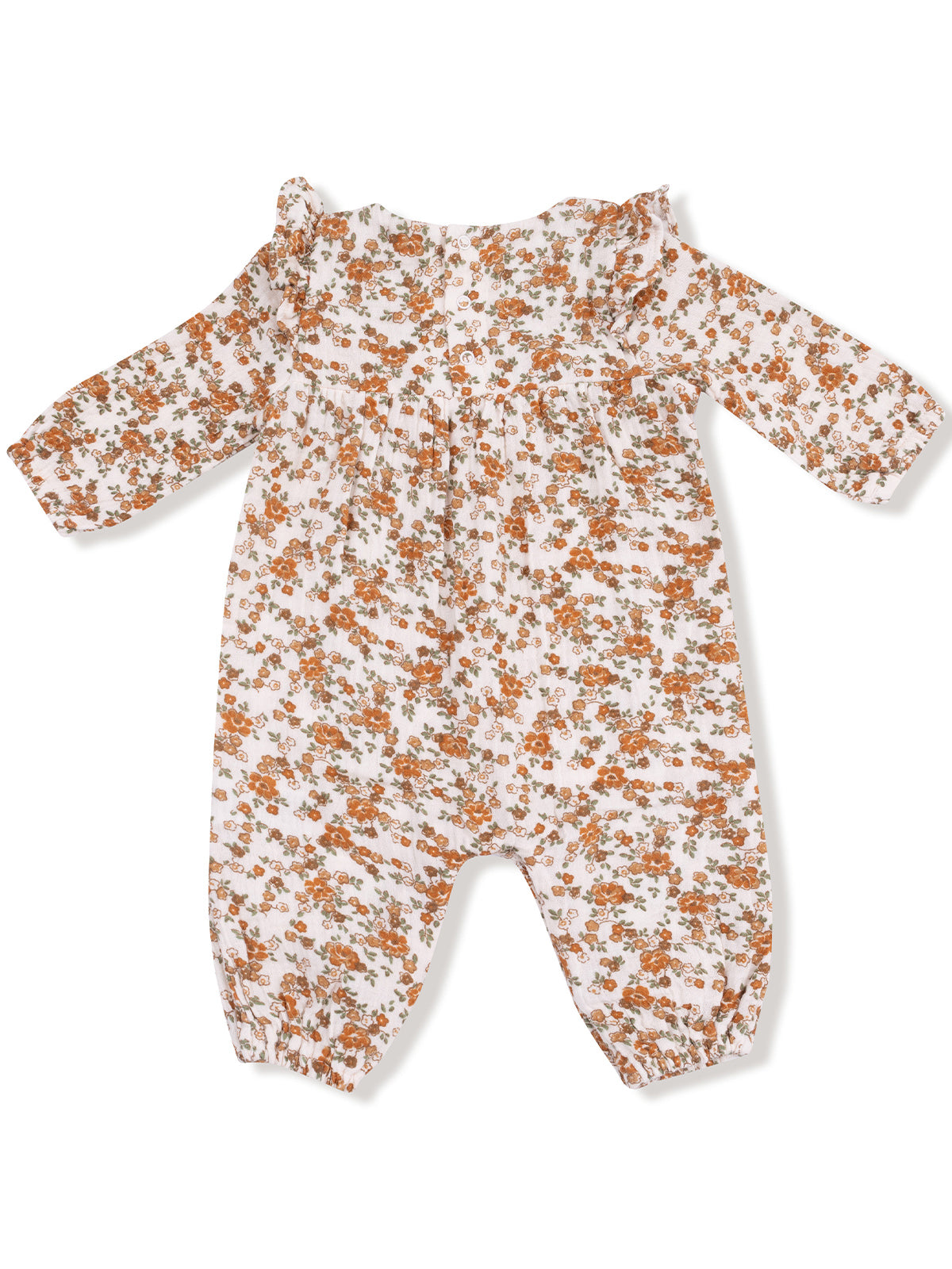 Floral baby romper with long sleeves and ruffled neckline in white, orange, and green hues.